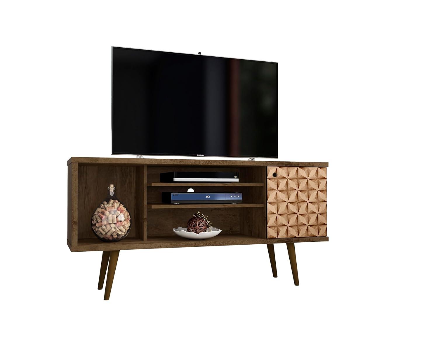 Liberty 53.14" Mid-Century Modern TV Stand with 5 Shelves and 1 Door  with Solid Wood Legs