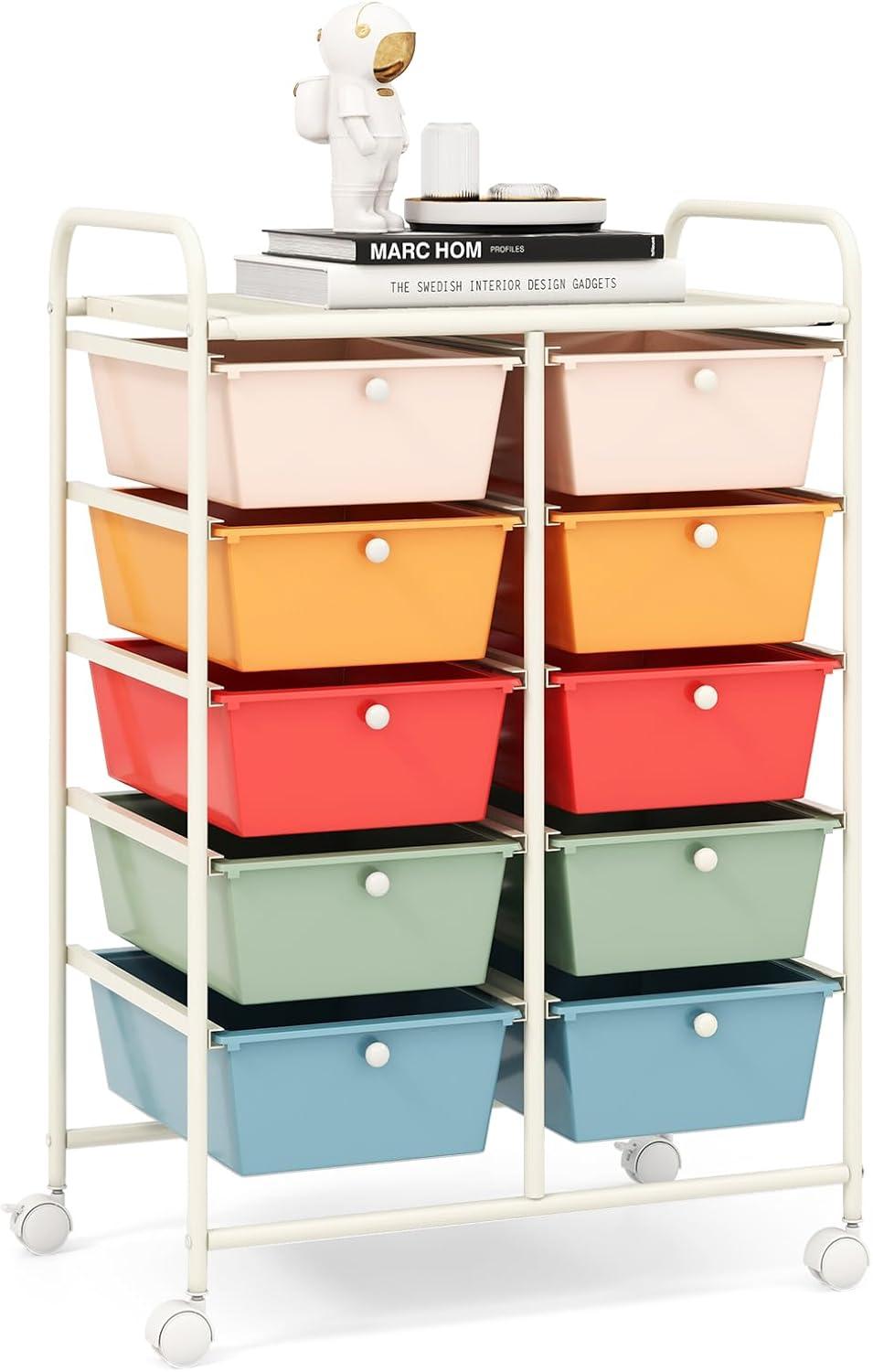 Tangkula 10-Drawer Rolling Storage Cart Tools Scrapbook Paper Organizer on Wheels Macaron