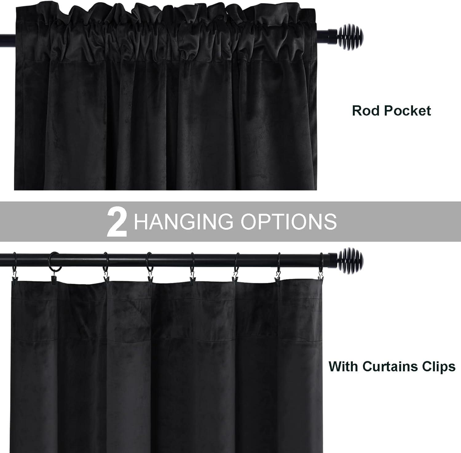 JIUZHEN Black Velvet Curtains for Living Room -96 inches Long Rod Pocket Thermal Insulated Room Darkening Window Drapes for Bedroom, Set of 2 Panels with Tiebacks, 52 x 96 inches