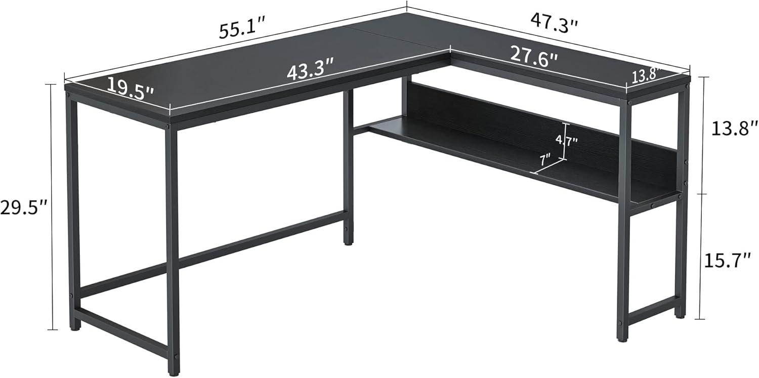 L-Shaped Desk with Drawers - 55 in Reversible Black Office Desk for Home Office, Computer Desk with Storage for Bedroom, L-Shaped Computer Desk with USB Ports and Bookshelf