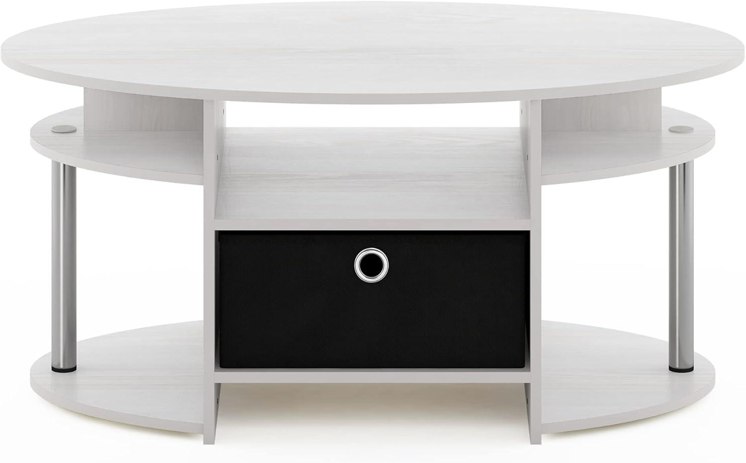 Furinno JAYA Simple Design Oval Coffee Table with Bin, White Oak, Stainless Steel Tubes