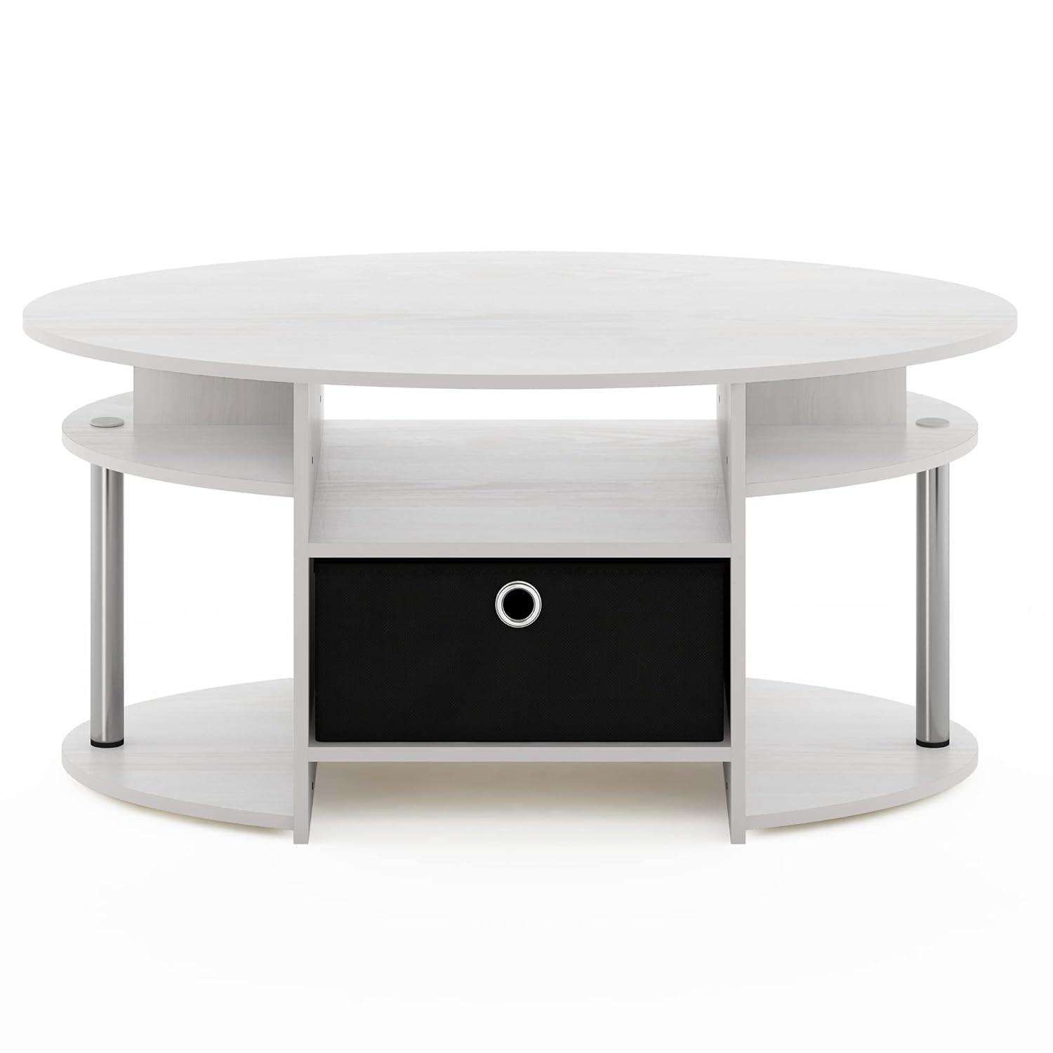 Furinno JAYA Simple Design Oval Coffee Table with Bin, White Oak, Stainless Steel Tubes