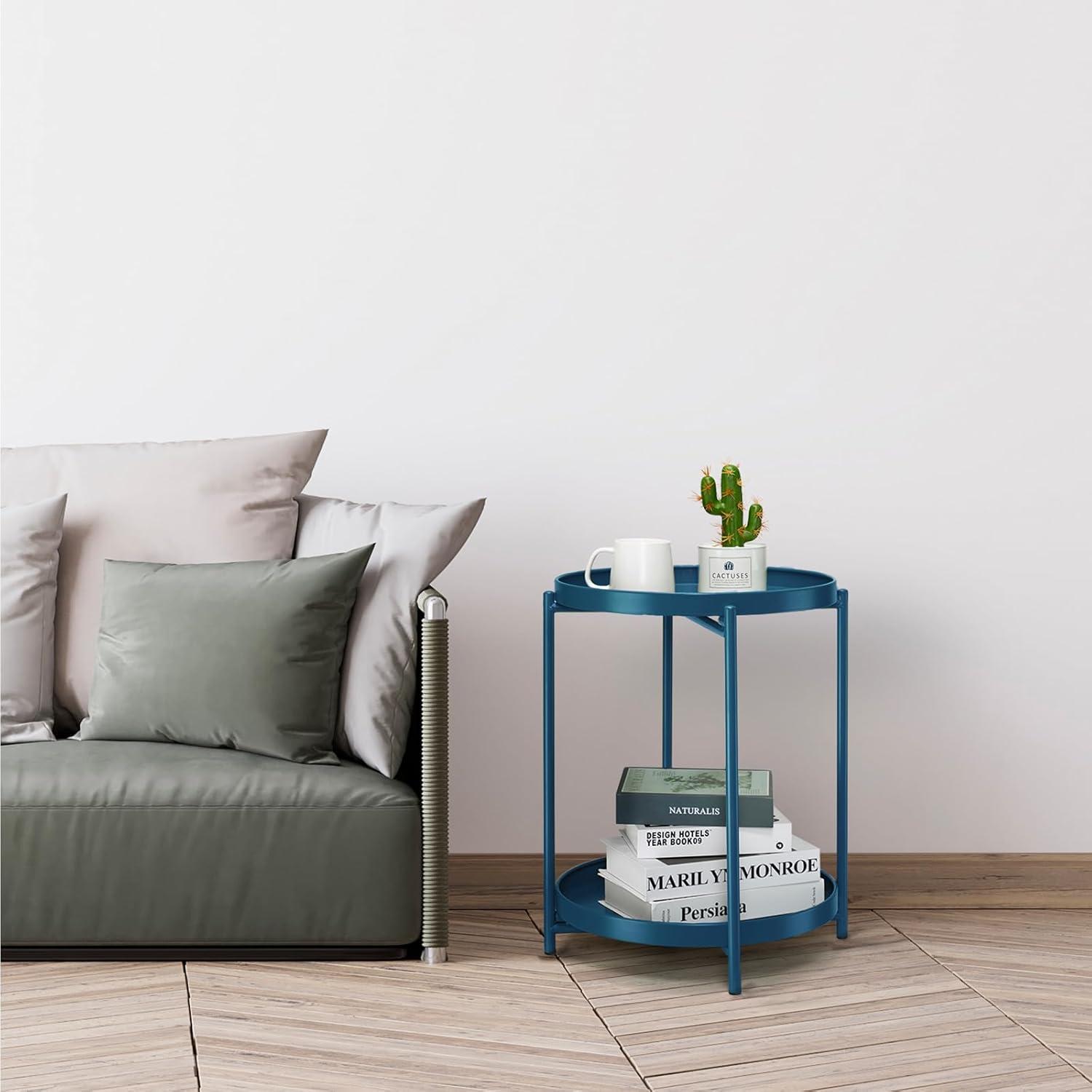 HollyHOME 2-Tier Round Side Table, Outdoor Small Folding Accent Stand with Removable Tray, Anti-Rust Metal Asional Table for Balcony Patio Living Room, Nightstand for Bedroom(Navy Blue)