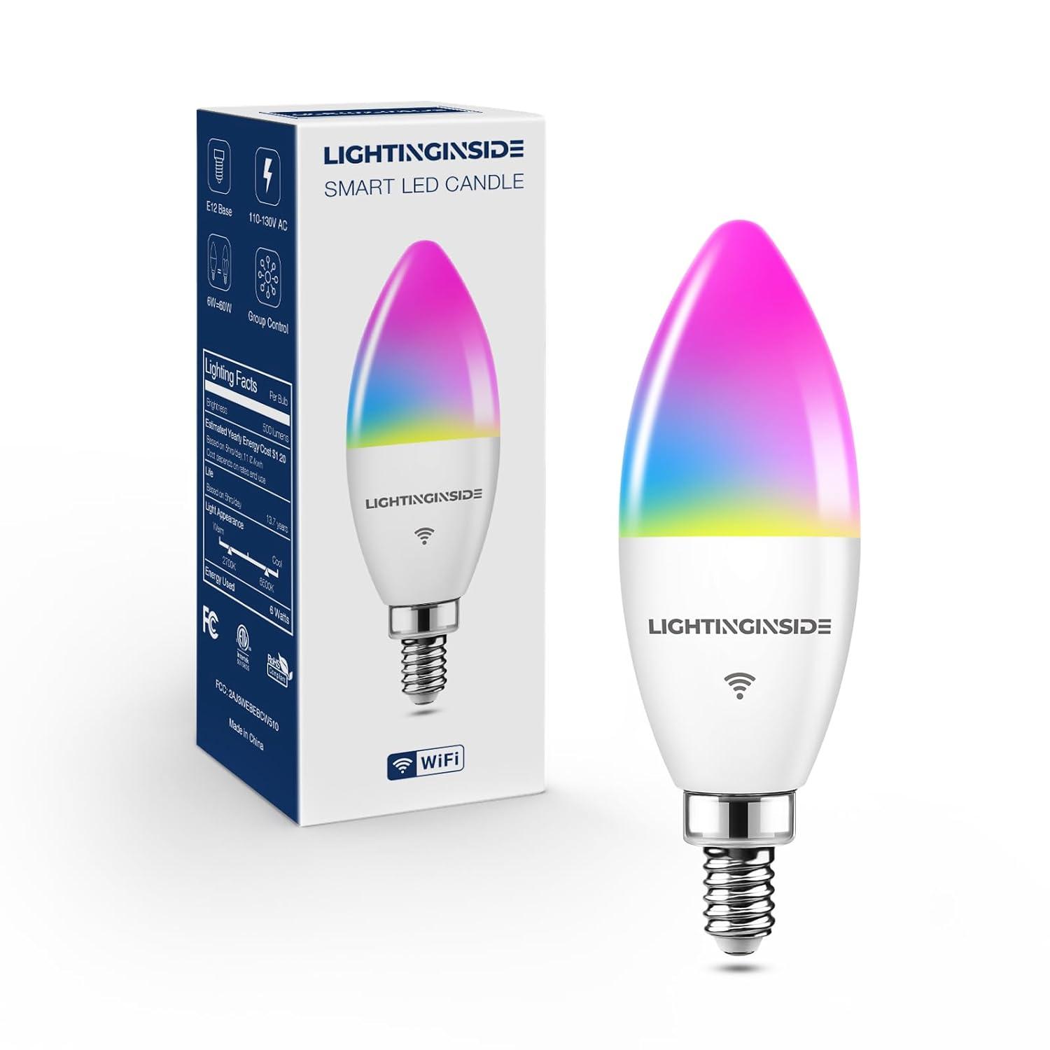 Candelabra Smart Light Bulbs 60W Equivalent, 500LM 6W E12 LED Bulb Compatible with Alexa/Google Home, RGBCW Candle Bulb for Chandelier, No Hub Required, 2.4G WiFi Only, ETL Listed, 1PC