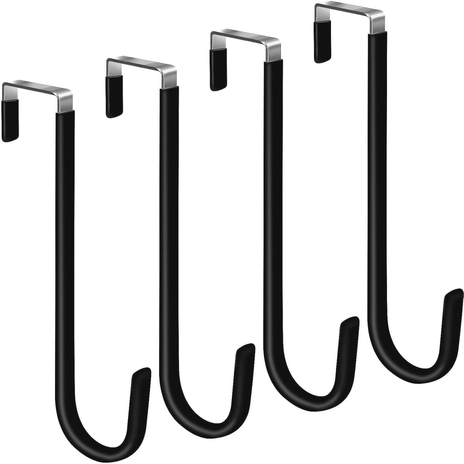 Over The Door Hooks, 4 Pack Upgraded Long Door Hangers Hooks with Rubber Prevent Scratches Heavy Duty Organizer Hooks for Hanging Clothes, Towels, Hats, Coats, Bags Black