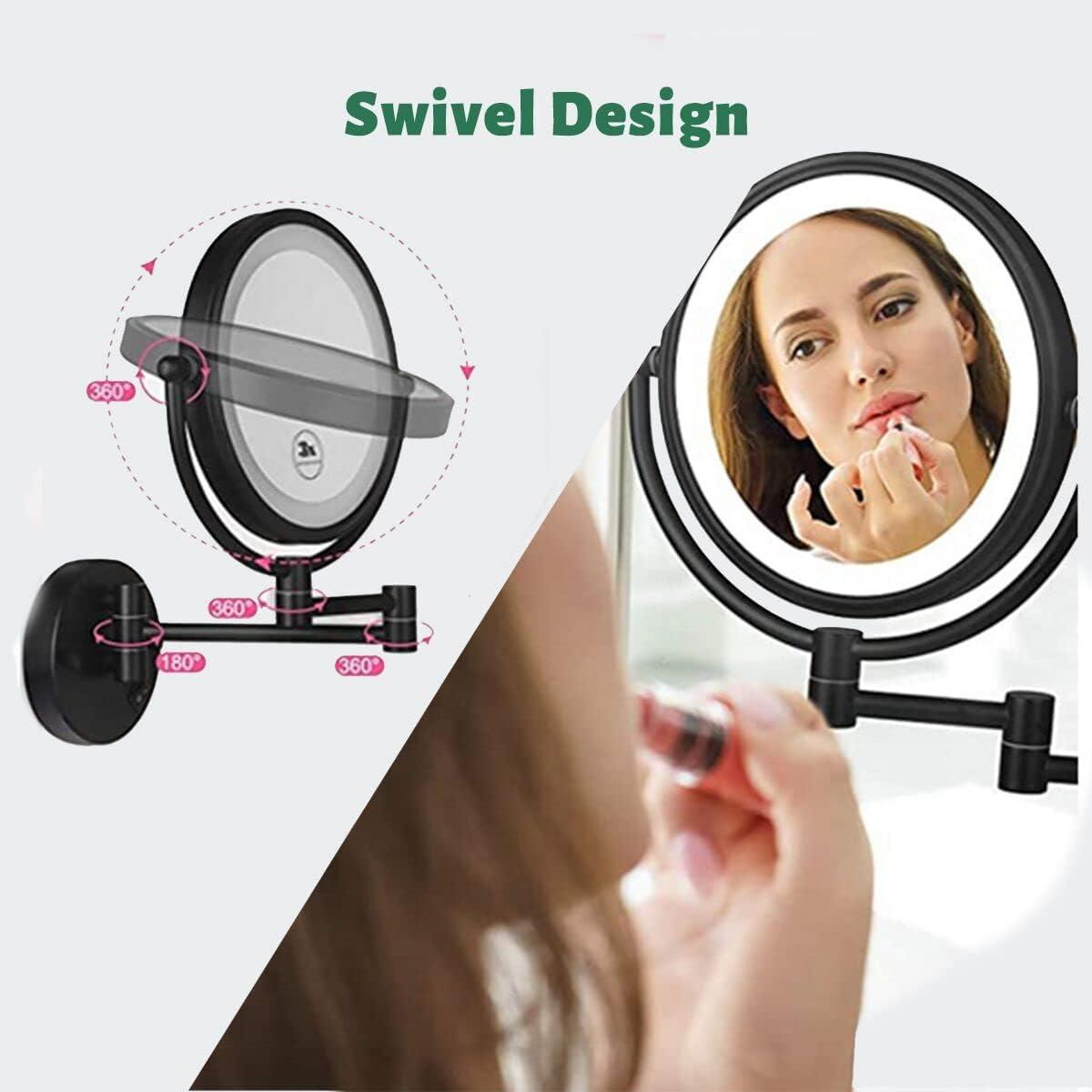 8.5 Inch Wall Makeup Mirror with 3 Tones LED Lights,Double Sided Vanity Mirror for Bathroom 10X Magnification,Plug Powered (Black/10X)