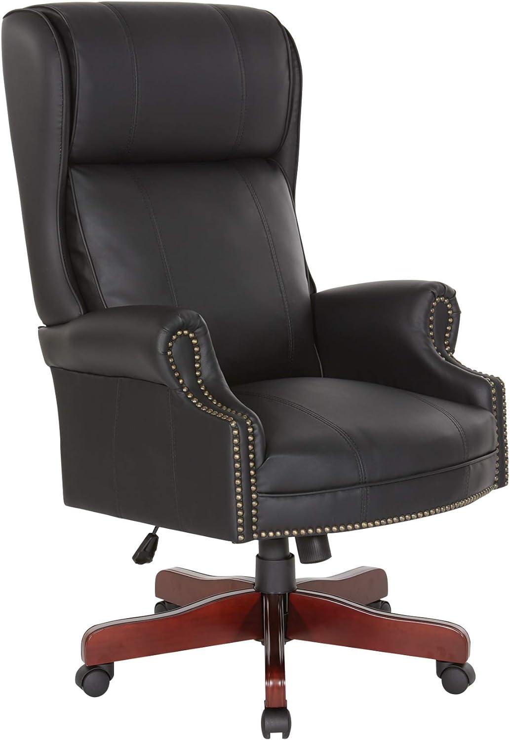 Traditional High Back Executive Chair in Black Leather with Brass Accents