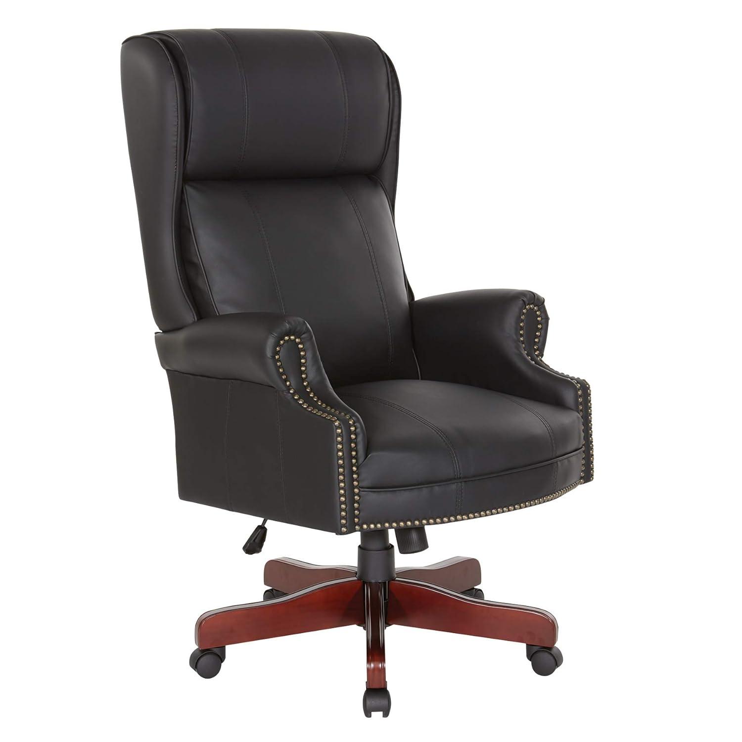 Executive High Back Chair with Black Vinyl and Brass Finish Nail Trim Upholstery