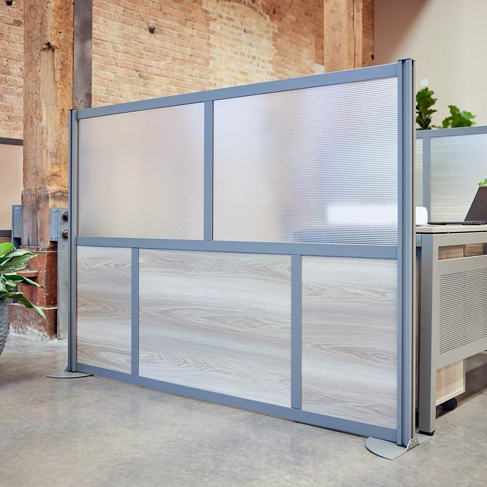 At Work Room Divider Privacy Partition 73"W Warm Ash Laminate and Plexiglas Inserts/Brushed Nickel Finish Aluminum and Steel Frame