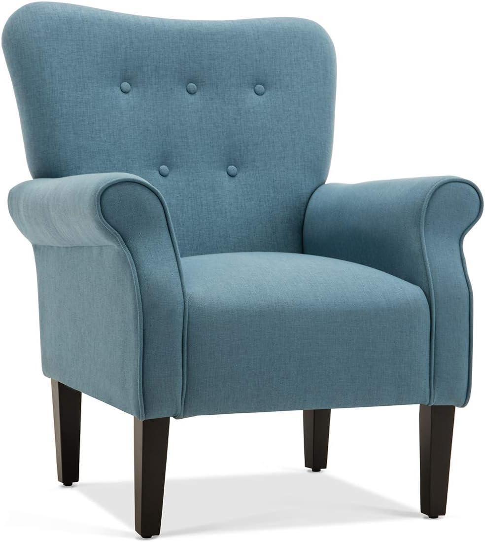 Baby Blue Floral Upholstered Wood Accent Chair