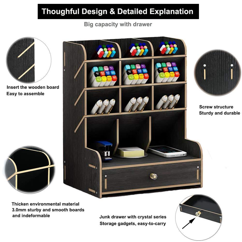 Marbrasse Wooden Desk Organizer, Multi-Functional DIY Pen Holder Box, Desktop Stationary, Home Office Supply Storage Rack with Drawer (B11-Black)