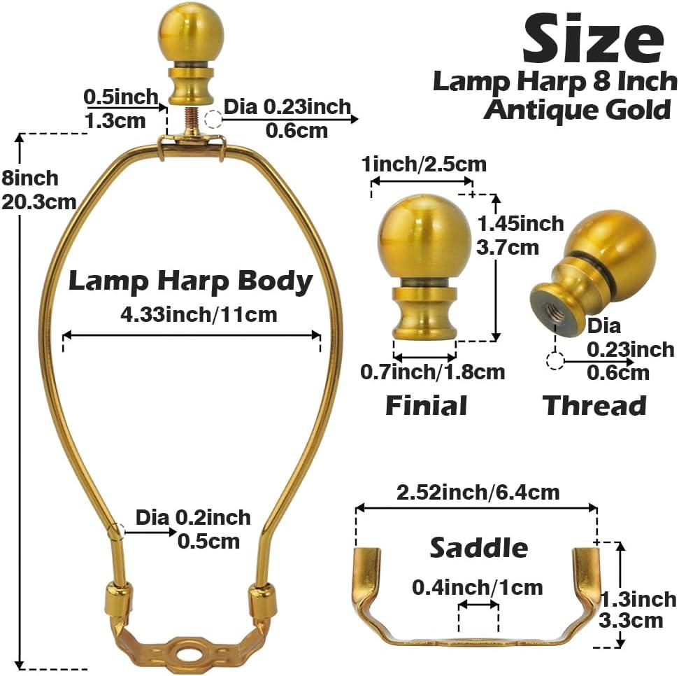 Royal Designs, Inc. Set of 2, 8 inch Polished Brass Lamp Shade Harp Holder with Lamp Finial, DIY Repair/Replacement, Heavy Duty, for Table/Floor Lamps