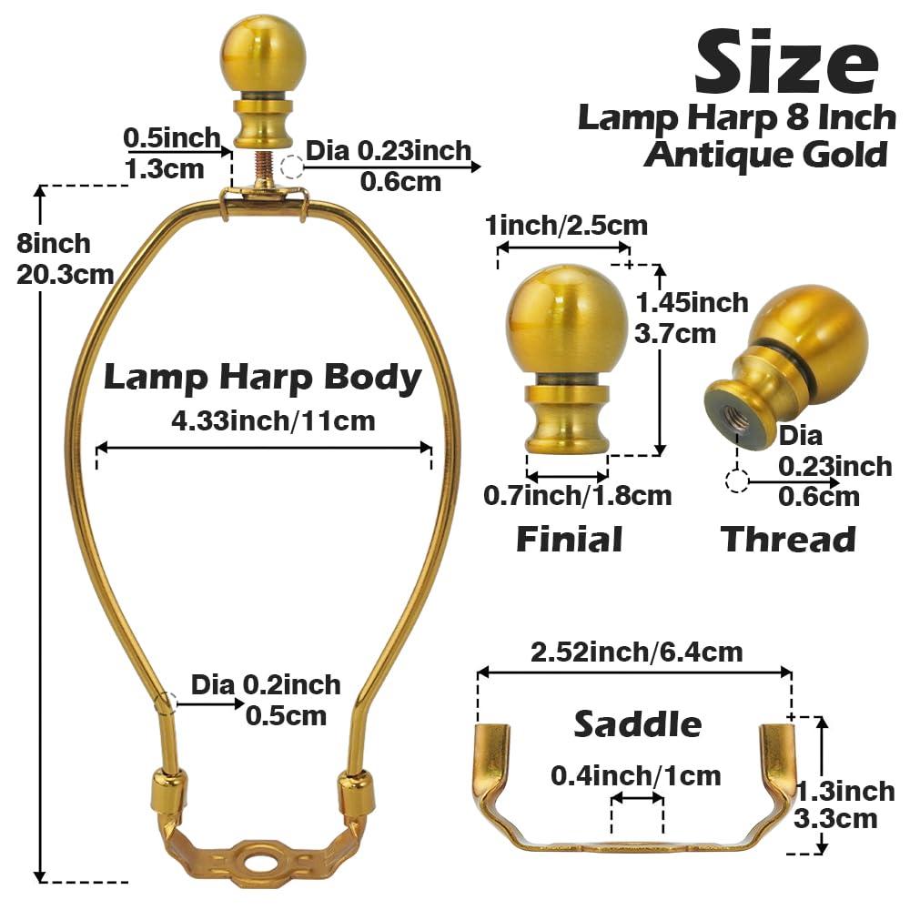 Royal Designs, Inc. Set of 2, 8 inch Polished Brass Lamp Shade Harp Holder with Lamp Finial, DIY Repair/Replacement, Heavy Duty, for Table/Floor Lamps