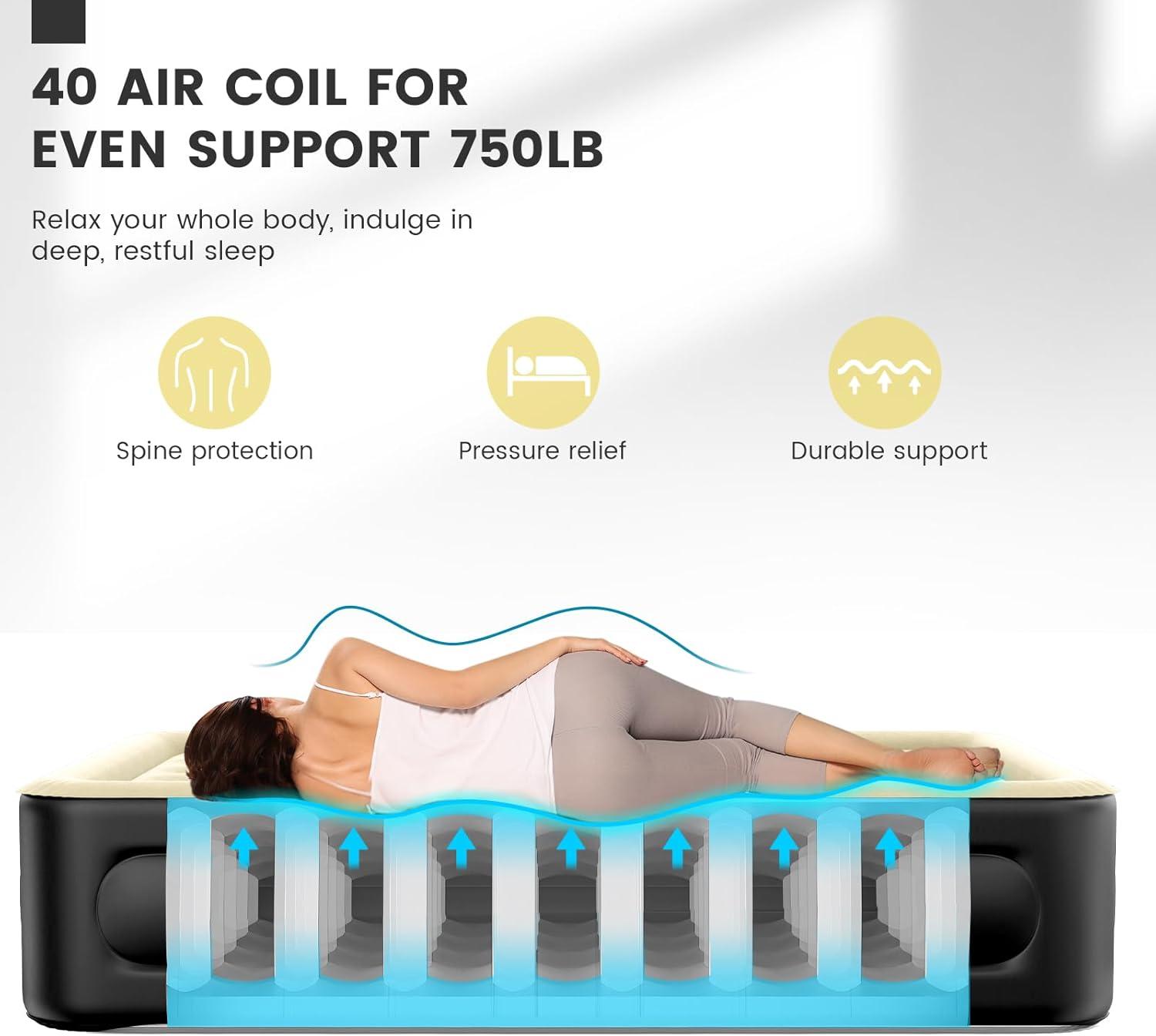 Luxury Air Mattress Queen with Built in Pump, 18'' High Double Blow Up Mattress, Self Inflating Air Bed with Flocked Top and Carry Bag, Durable Portable Airbed for Home Guest and Camping, Blue