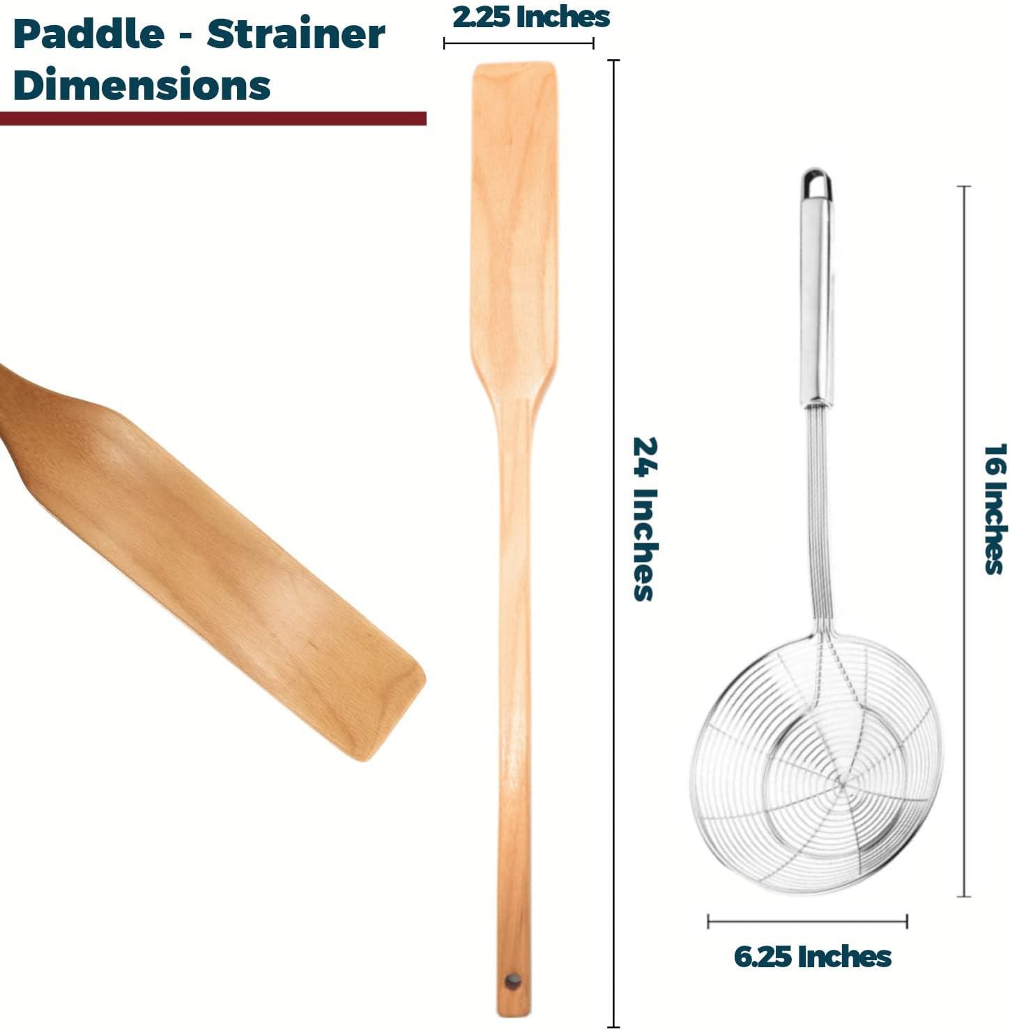 Extra Long 24 Inch Wooden Spoon and 16 Inch Stainless Steel Spider Strainer Skimmer, Large Wood Stirring Paddle for Cooking, Mixing, Home Brewing, Cajun Crawfish, Seafood and Crab Pot Boil Accessories