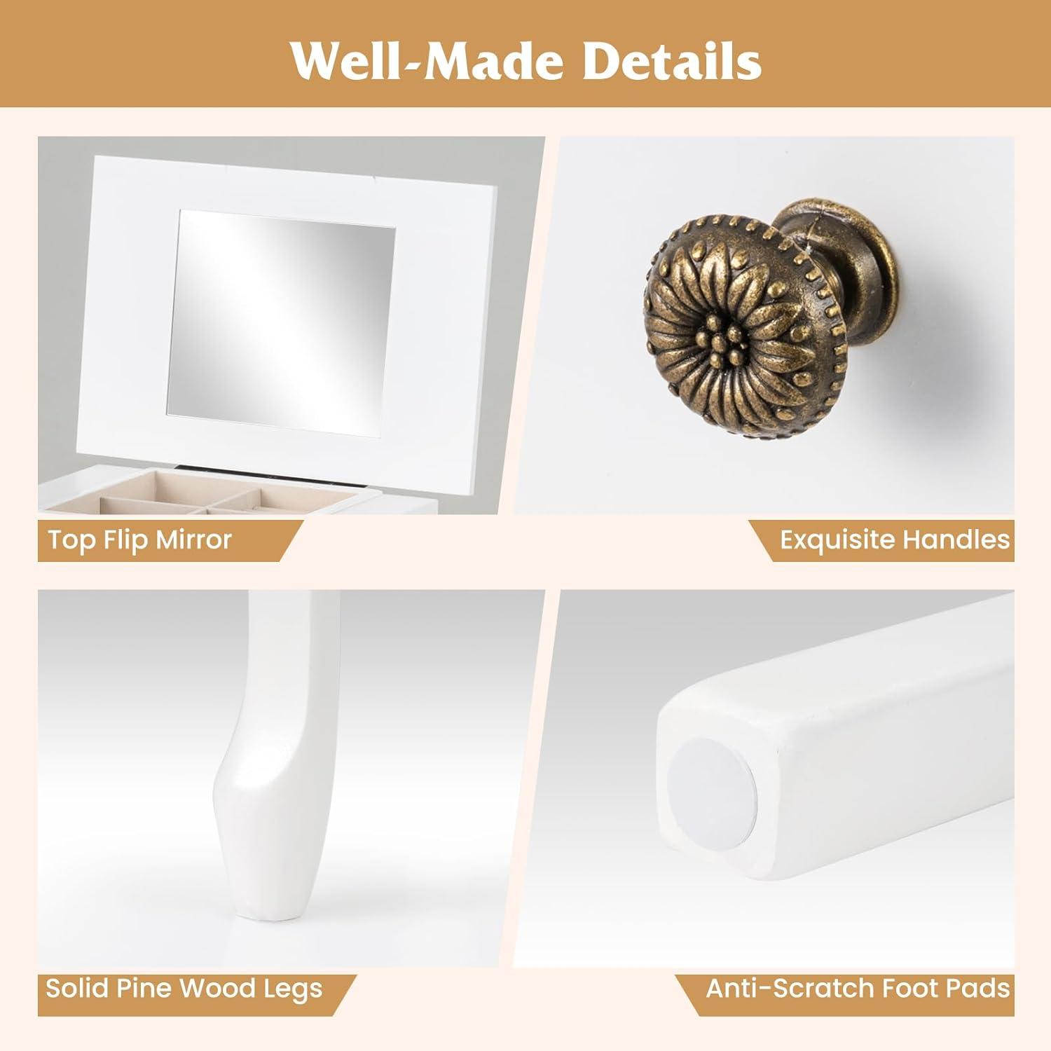 Standing Jewelry Cabinet Armoire with Top Flip Mirror, Jewelry Box Chest with 4 Drawers, Top Compartments, 8 Necklace Hooks and 2 Side Doors, White