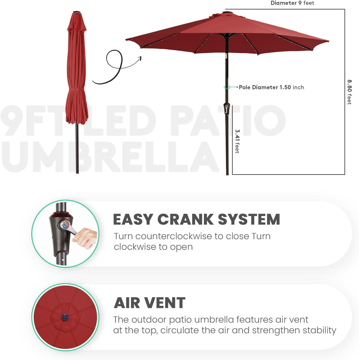 JEAREY Upgrade 9FT LED Lighted Patio Umbrella, Solar Outdoor Umbrella, Tilt Table Umbrella for Pool, Deck & Yard (Red)