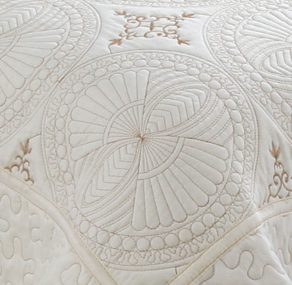 Hong and Arts Inc. Marina Decoration Embroidered Stitching Coverlet Bedspread Ultra Soft Solid Summer Quilt Set, Geometric Circles Cream - Queen