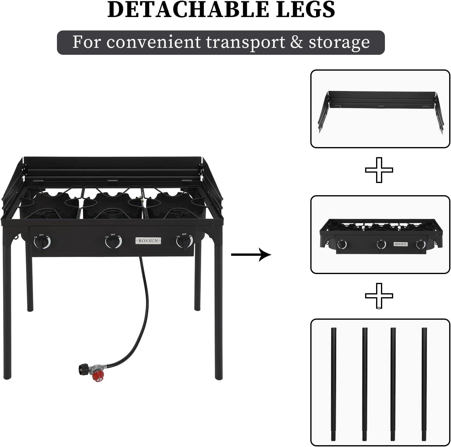 Bonnlo 3-Burner Outdoor Portable Propane Burner Stove 225,000-BTU Gas Cooker with Windscreen & Carrying Bag, Heavy Duty Iron Cast Patio Burner with Detachable Stand Legs for Camp Cooking