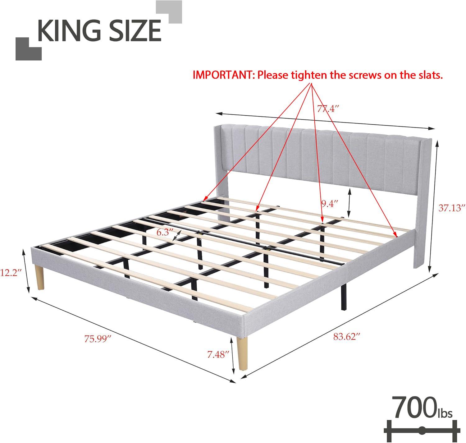 alazyhome Upholstered Platform King Size Bed Frame with Headboard Wooden Slats Support No Noise Easy Assembly Light Grey Linen