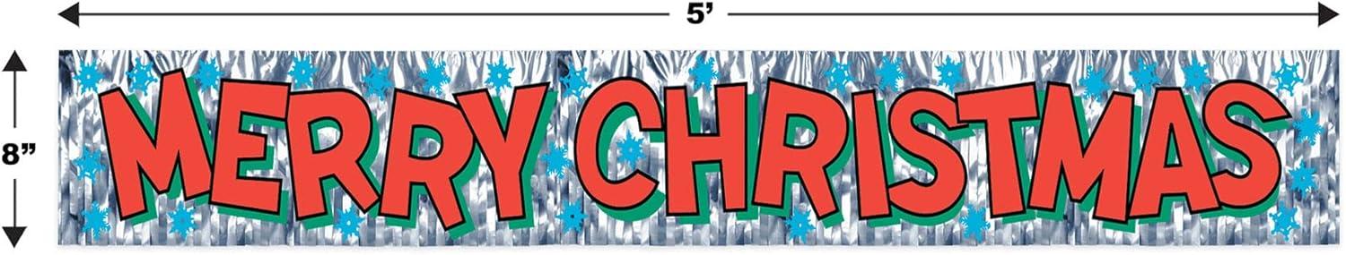 Beistle 8" x 5' Merry Christmas Fringe Banner; Silver 4/Pack 20880