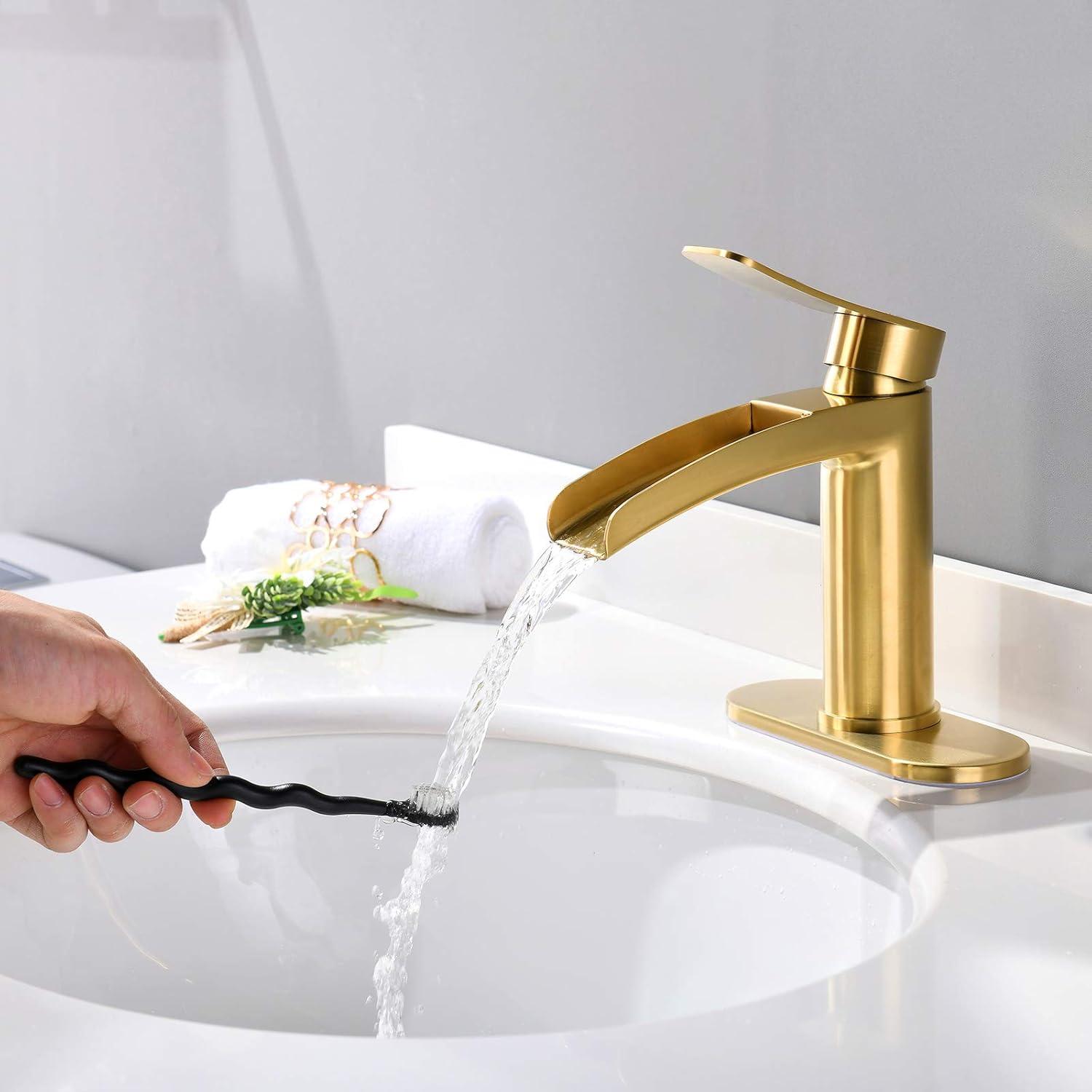 Waterfall Bathroom Sink Faucet Single Handle, with 4-Inch Deck Plate & Metal Pop Up Drain Assembly by phiestina Gold