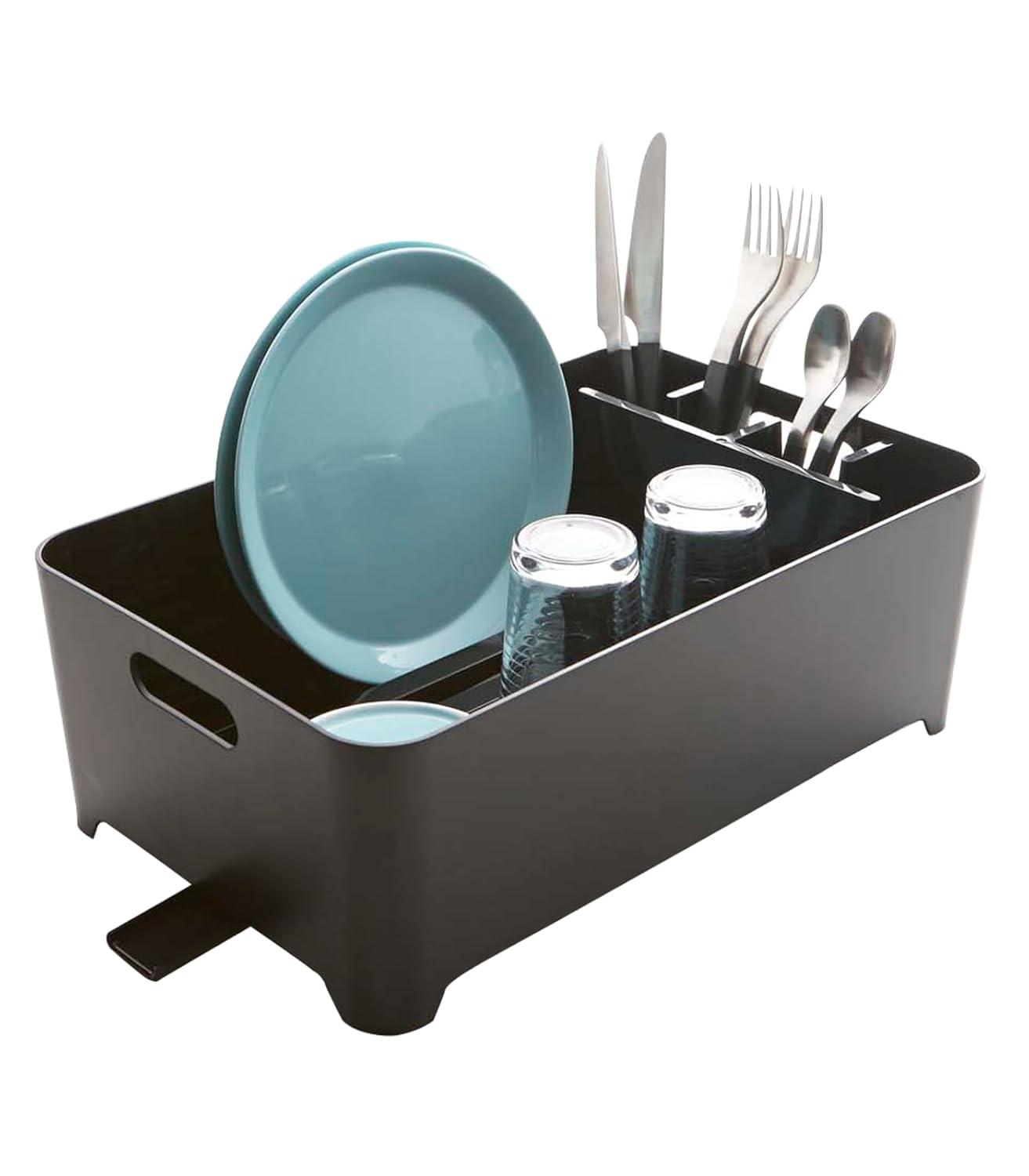 Yamazaki Home Tower Yamazaki Home Dish Drying Rack with Drainage Spout, 1.25 gallon, Utensil Holder, Handles