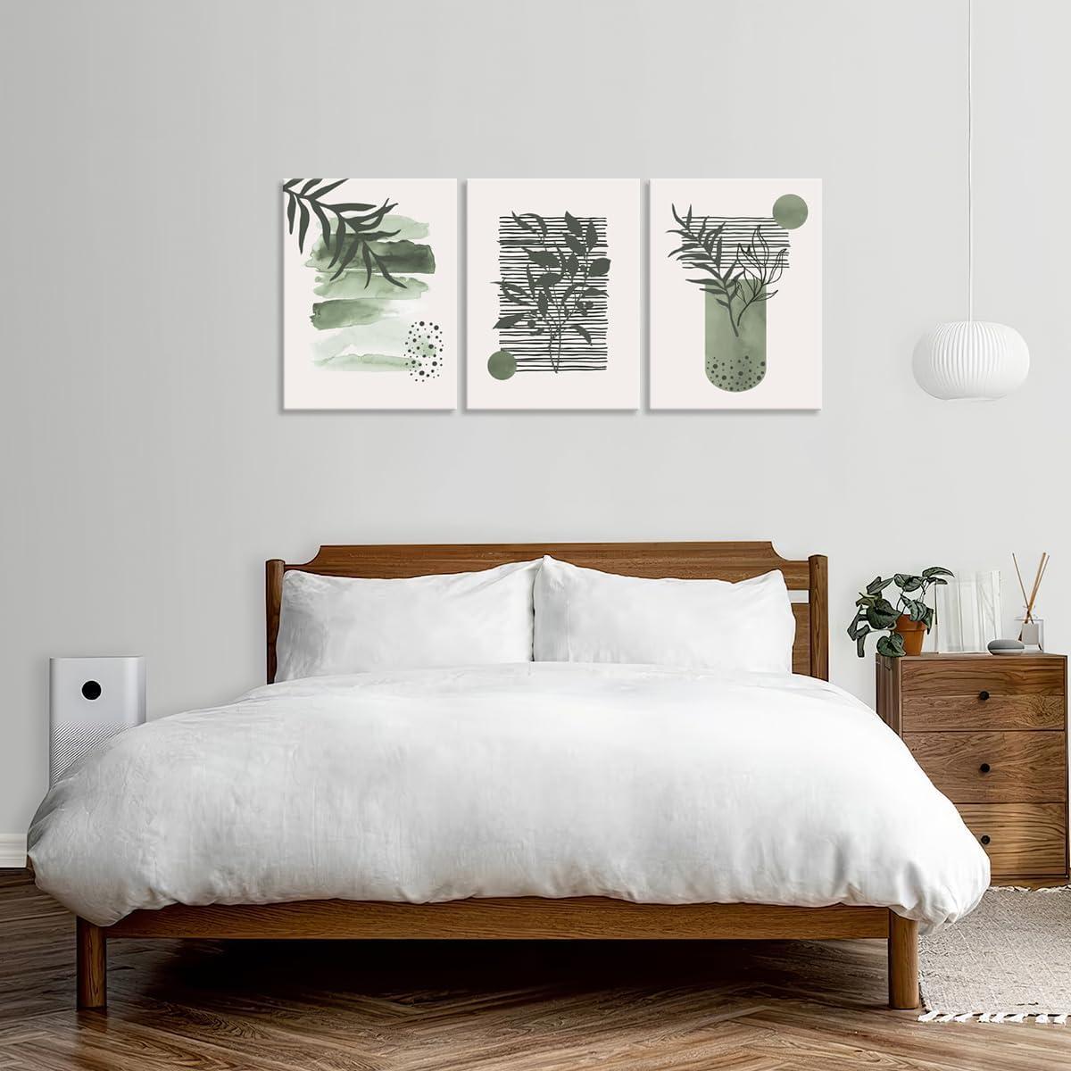 Sage Green Abstract Boho Canvas Wall Art Set