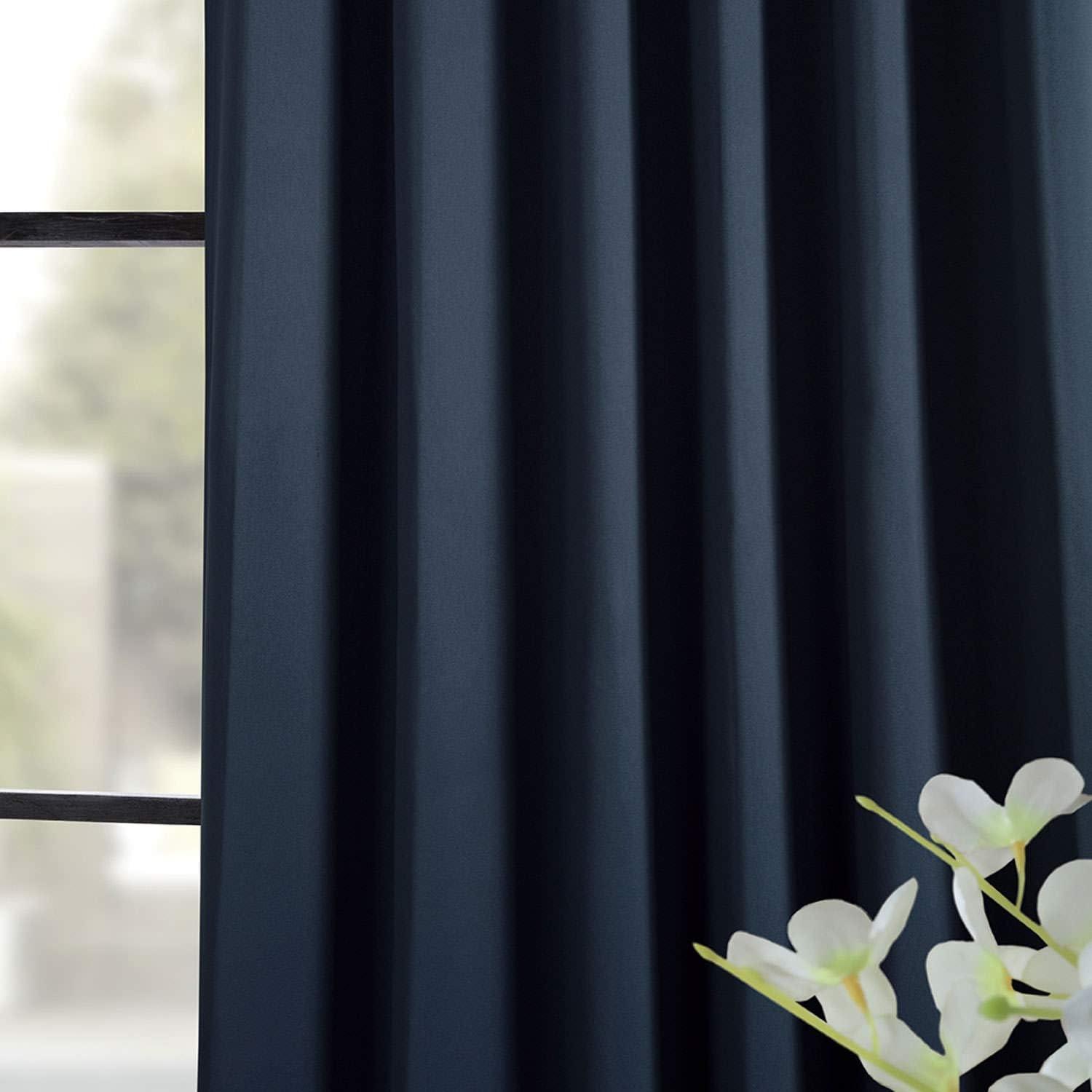 Navy Blue Cotton Polyester Blackout Pleated Drapes