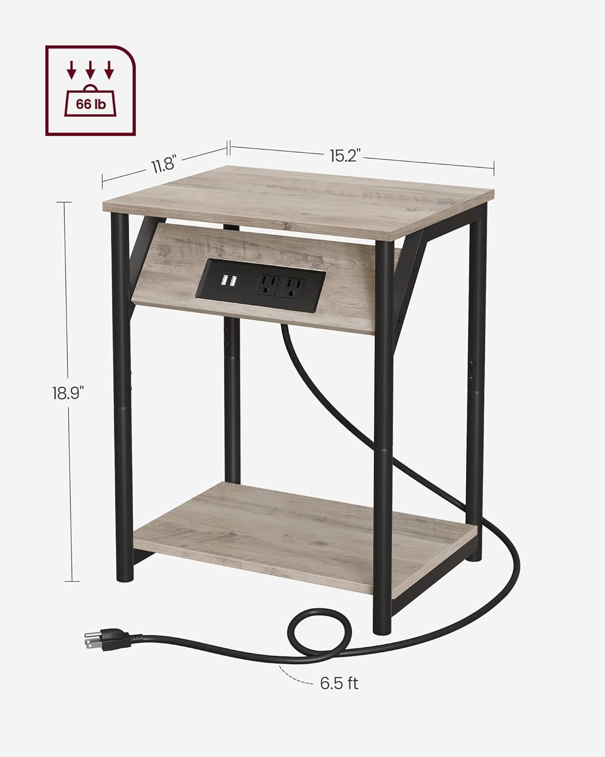 VASAGLE End Table with Charging Station, Small Side Table for Living Room, Bedroom, Nightstand with Outlets and USB Ports, Bedside Table with Storage Shelf, Heather Greige and Black