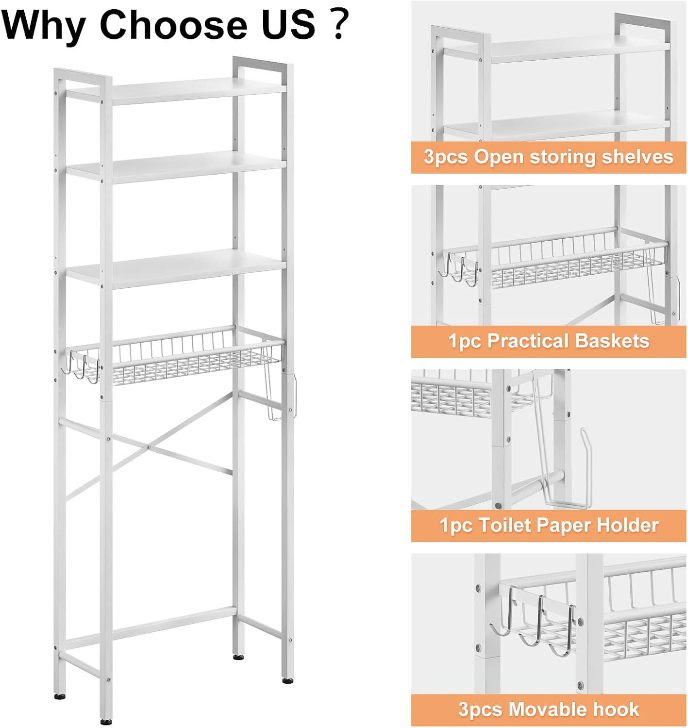 4-Tier Bathroom Organizer Shelf Over Toilet with Adjustable Shelf and Basket