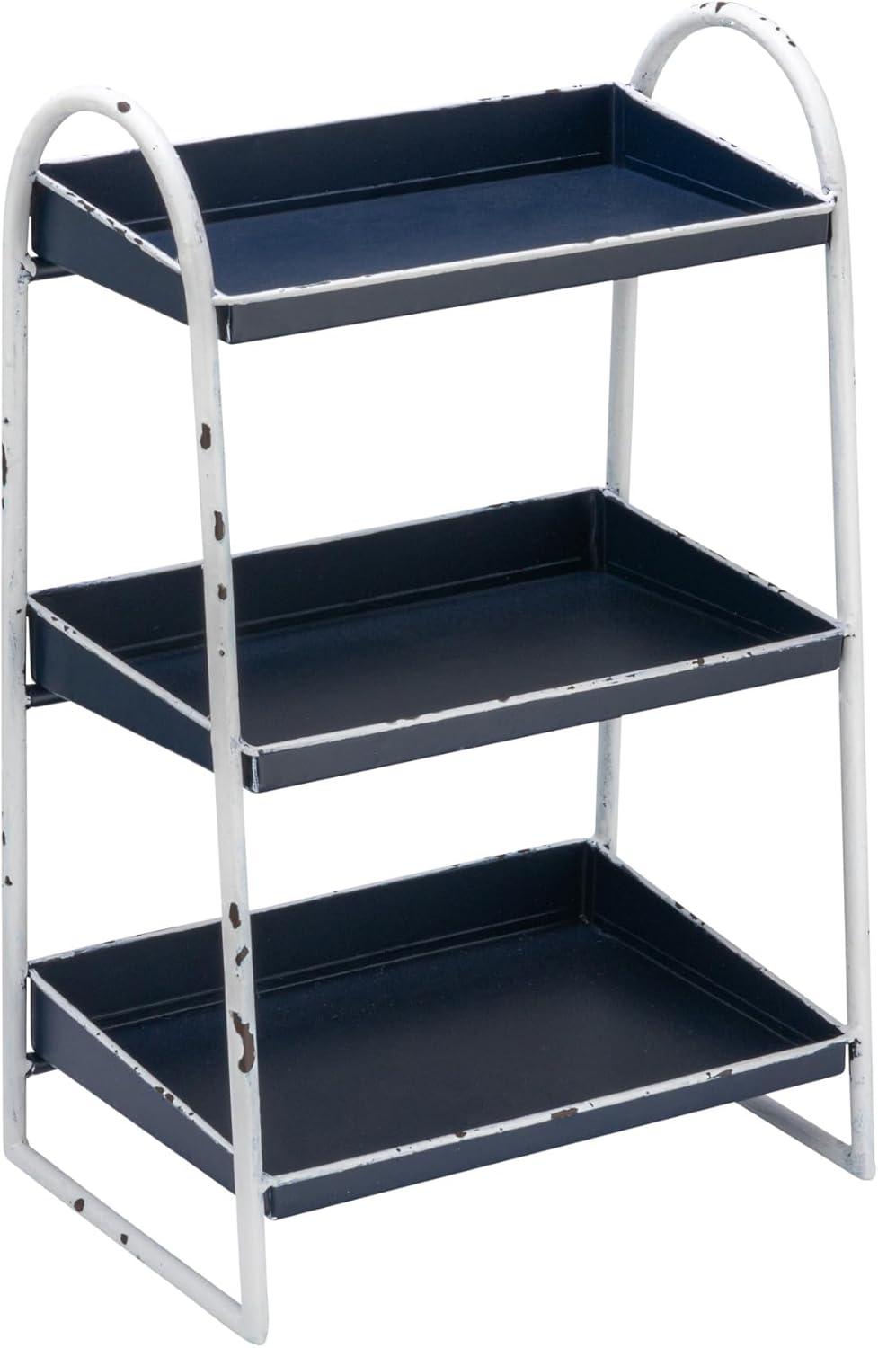 Creative Co-Op Heavily Distressed Navy 3-Tier Metal Tray with White Frame & Rim