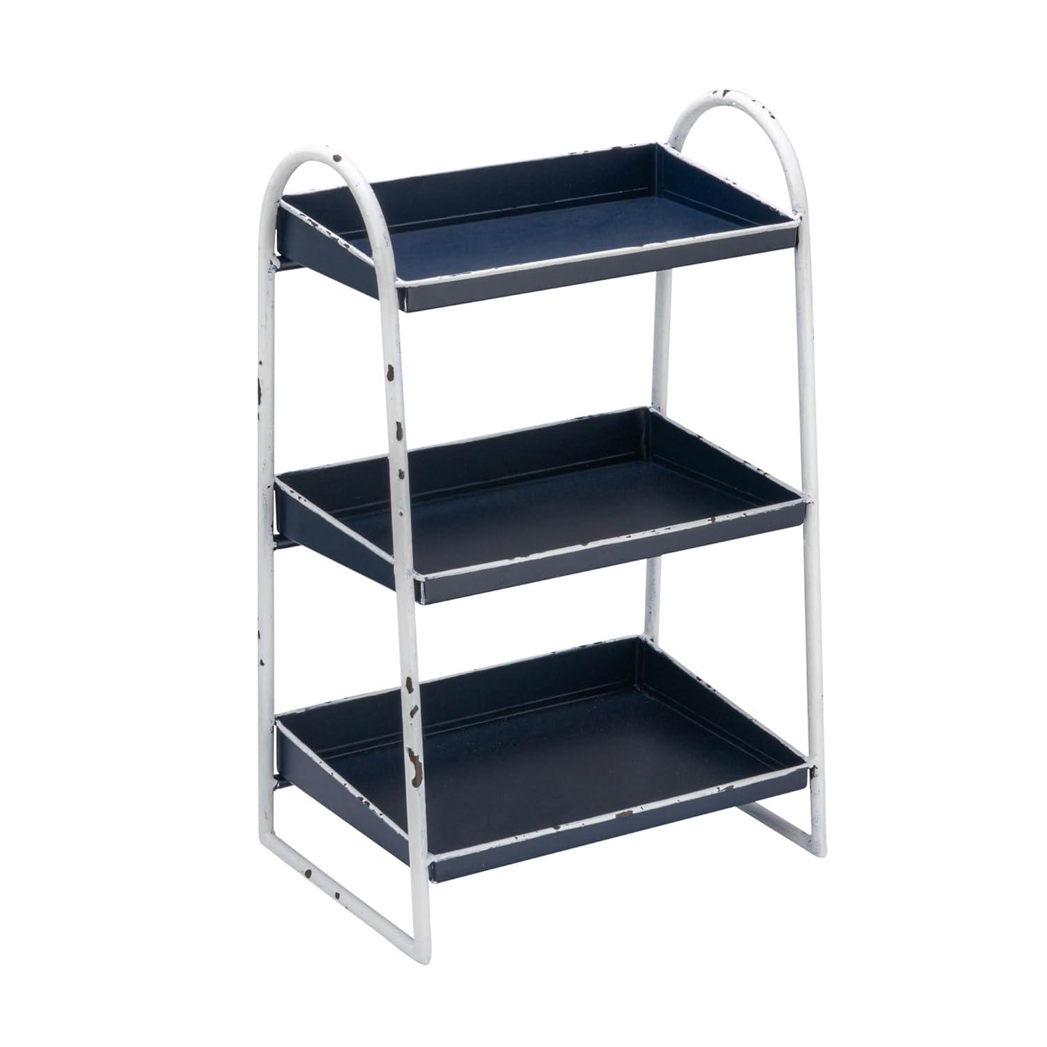 Creative Co-Op Heavily Distressed Navy 3-Tier Metal Tray with White Frame & Rim