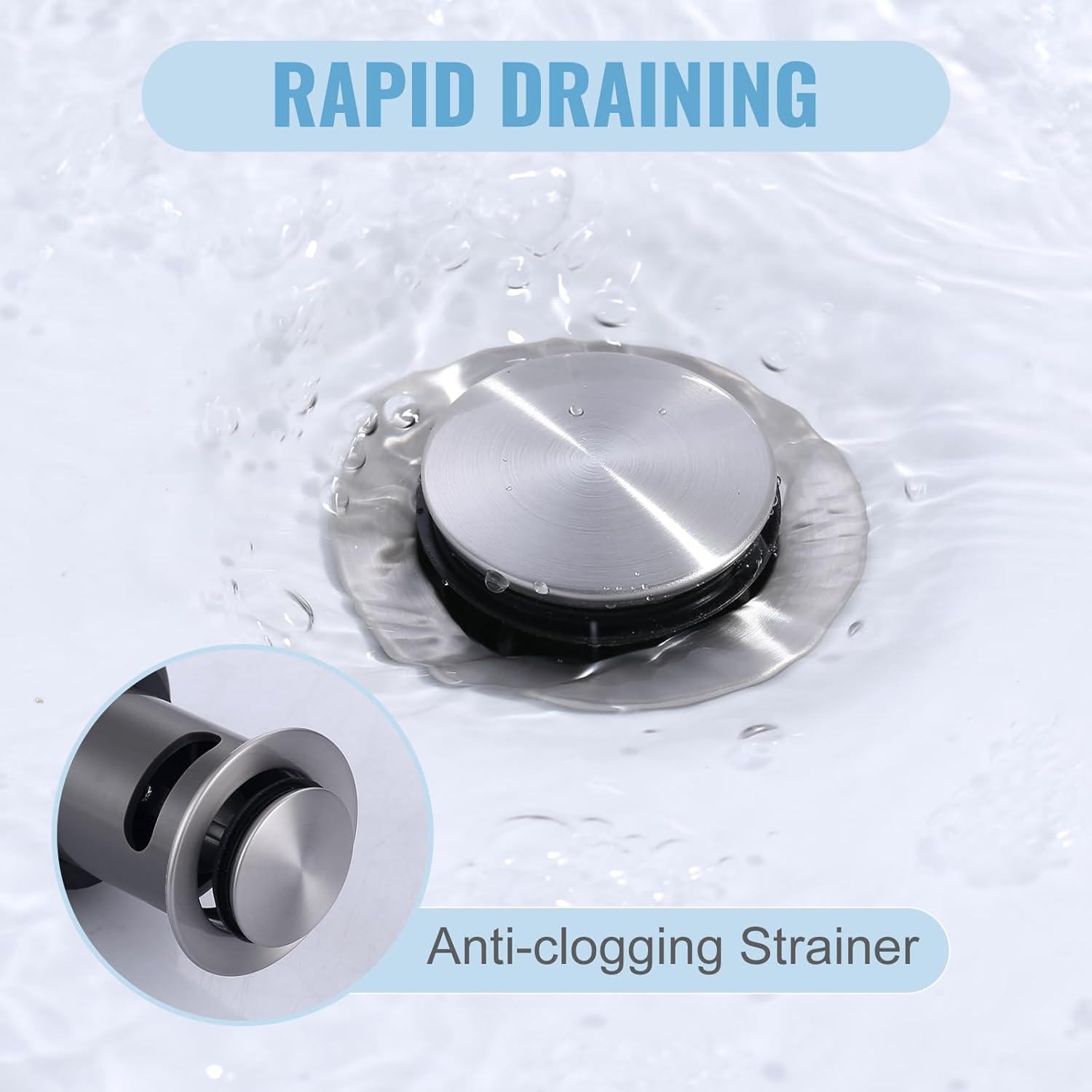 Pop Up Stopper Bathroom Sink Drain with Overflow Vessel Sink Drain for Bathroom Brushed Nickel Pop Up Drain Stopper Anti Clog Strainer Assembly with Strainer Lavatory Vanity Vessel Pop Up Stopper
