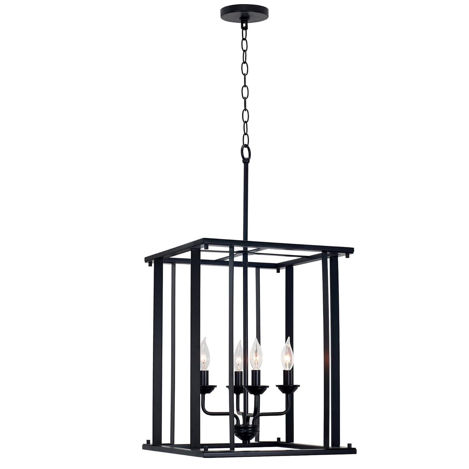 Kira Home Samson 32 " Farmhouse Lantern Cage Pendant Light, Open Frame Design, Adjustable Foyer Chandelier, Black