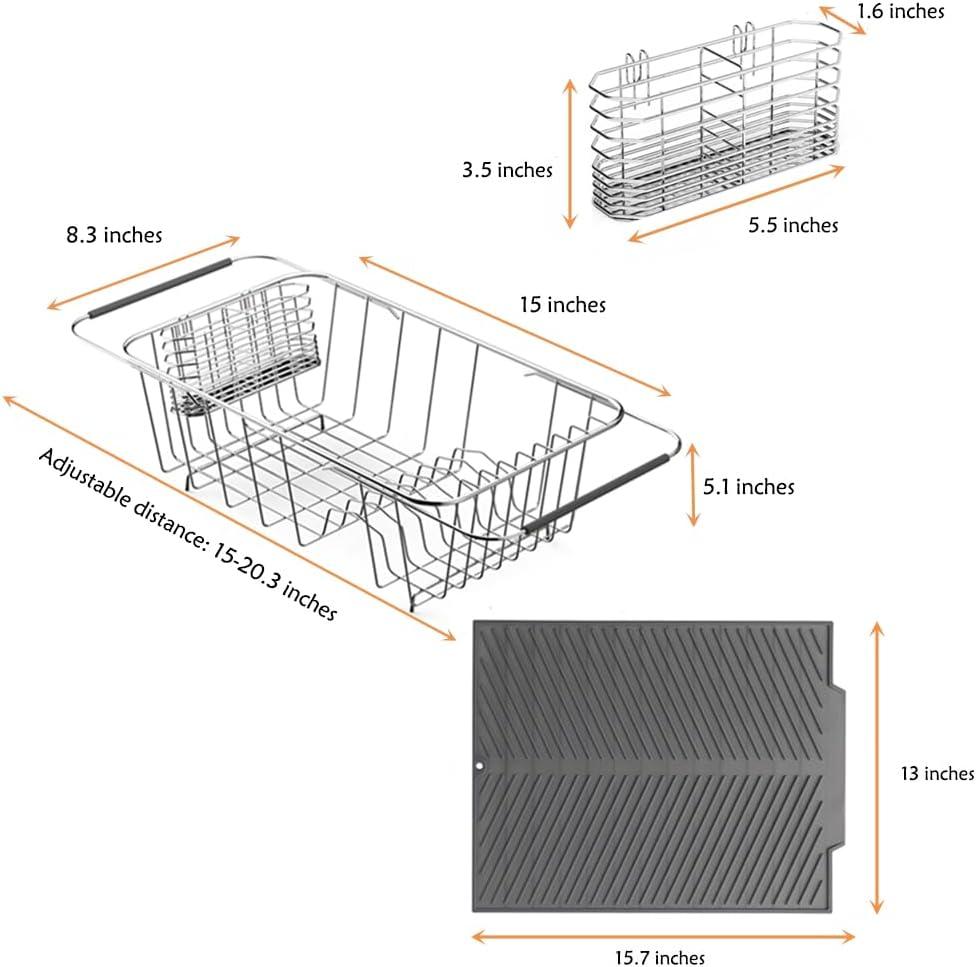 Expandable Stainless Steel Over Sink Dish Drying Rack with Silicone Mat