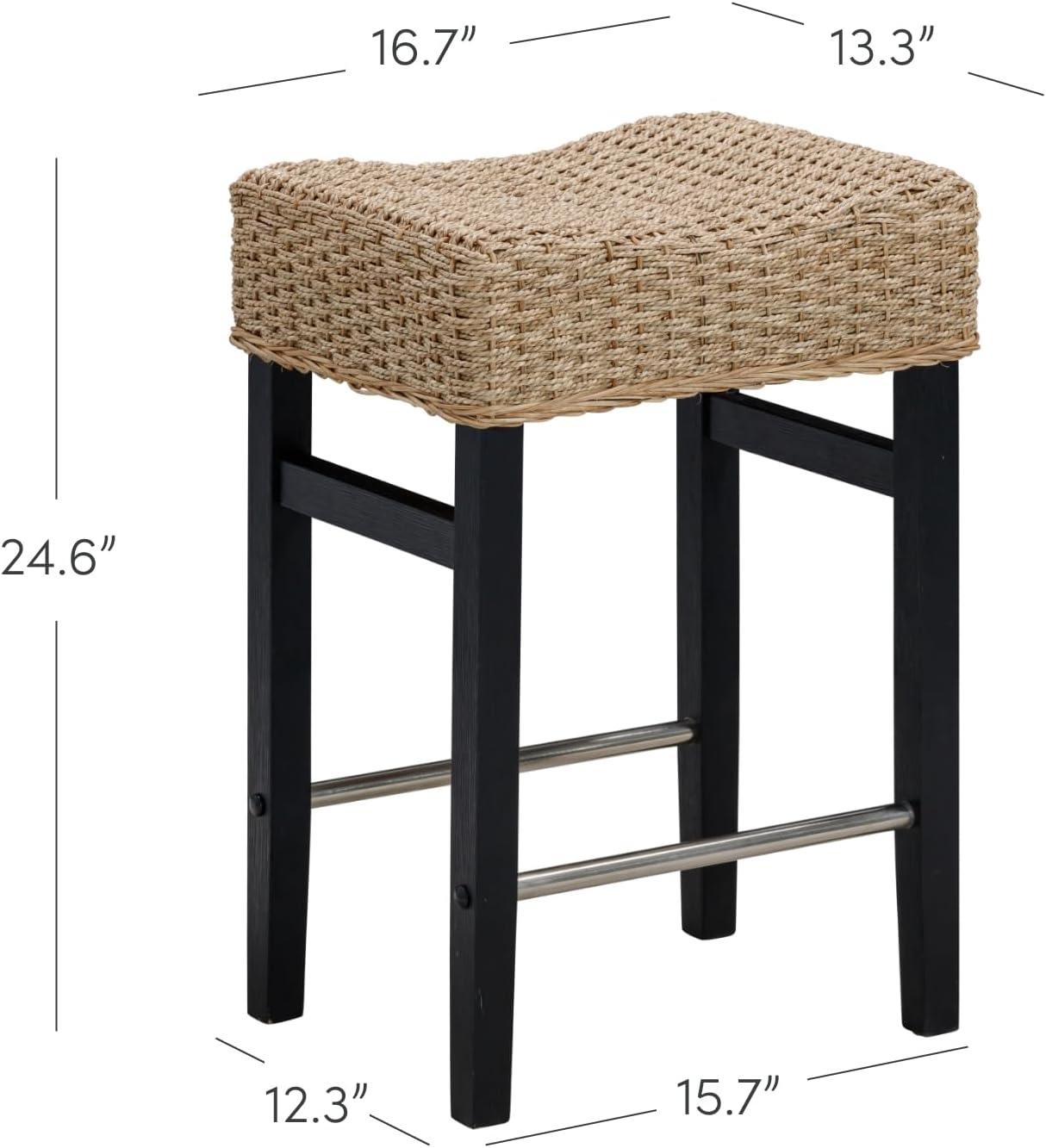 Black and Natural Woven Rattan Saddle Bar Stool with Metal Footrest