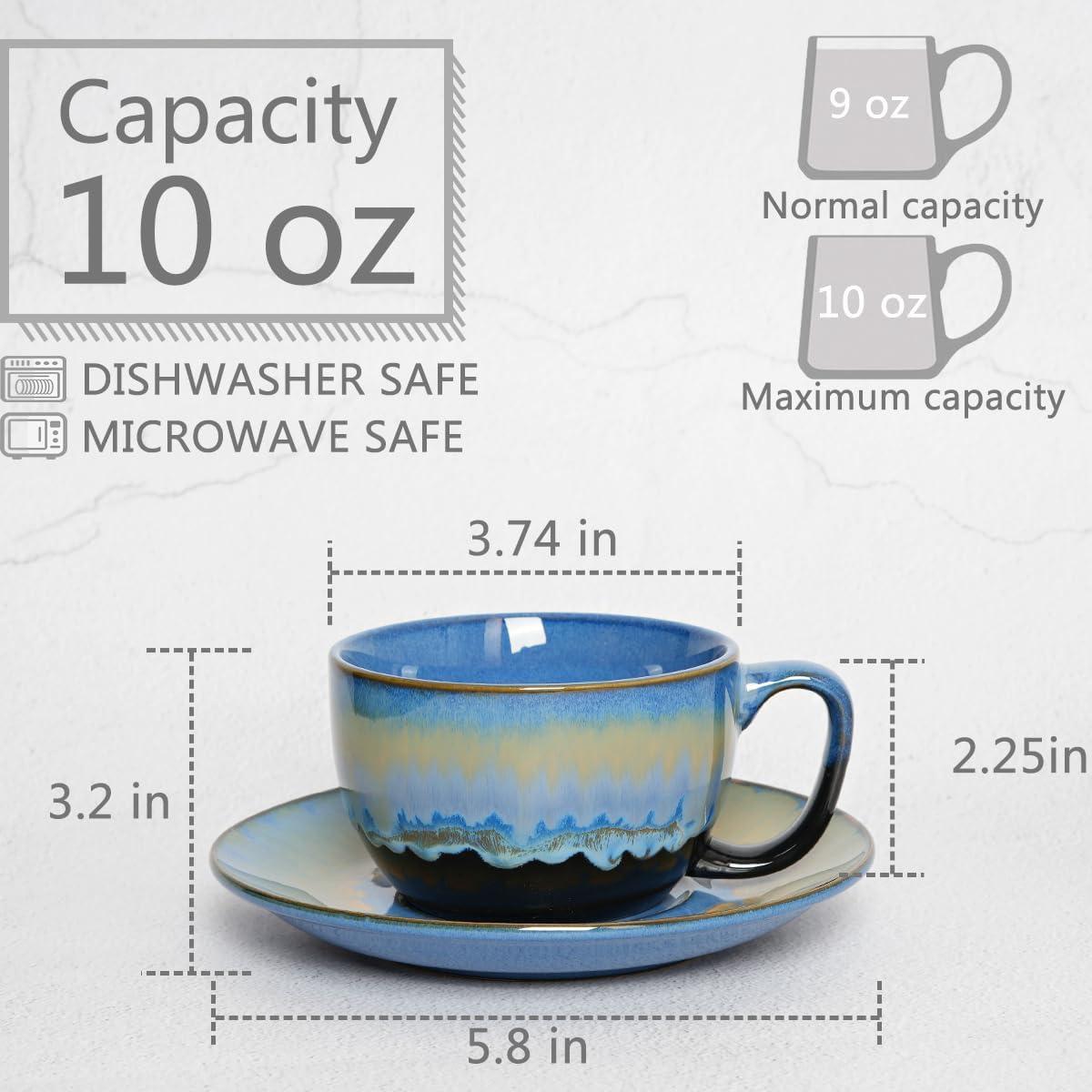 shuoli Ceramic Cappuccino Cup And Saucer Set Of 2, 10 Oz, Dishwasher And Microwave Safe, Coffee Cups For Latte, Espresso, Tea, Reavtive Glaze (Blue, 10 Oz) | Wayfair