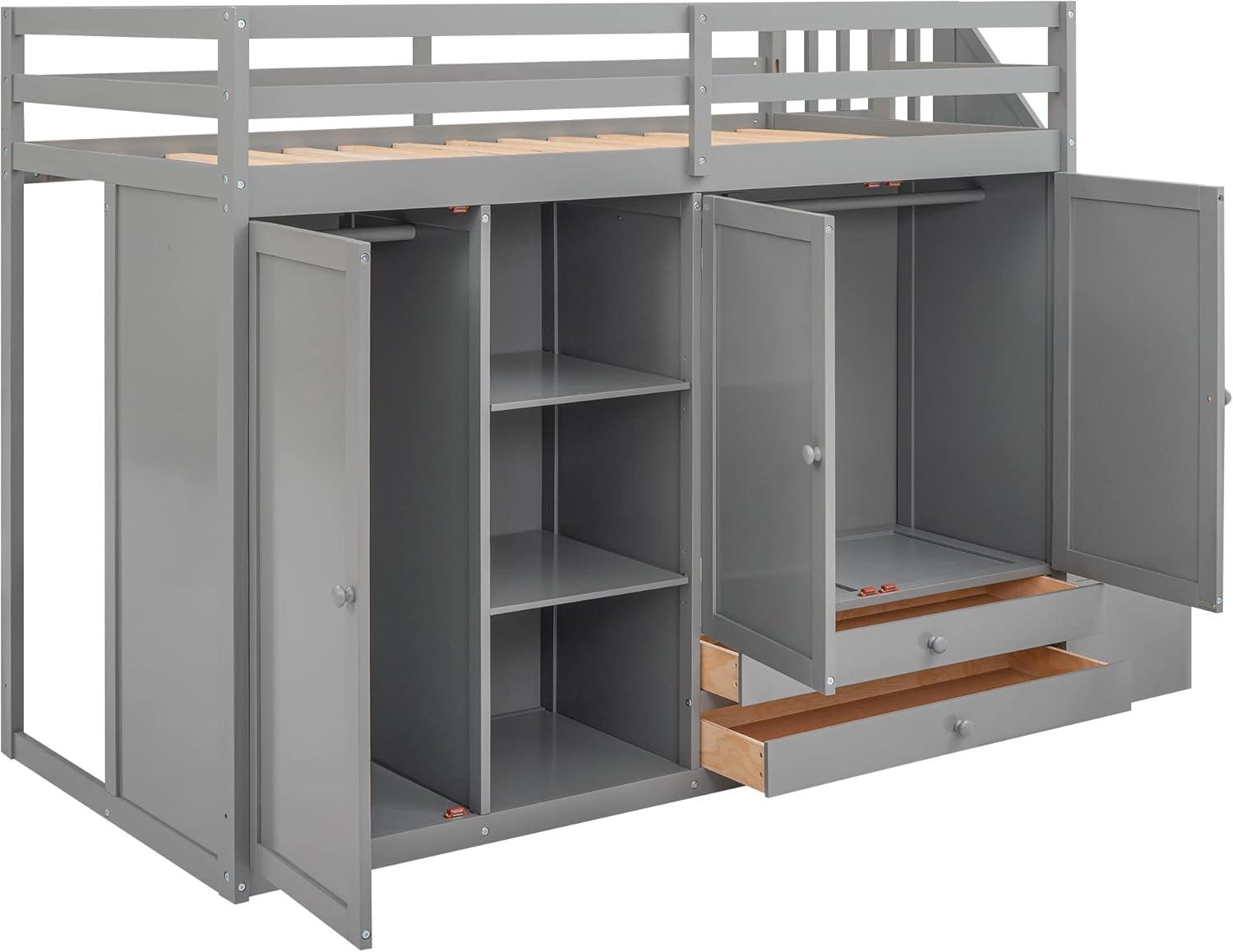 Harper & Bright Designs Twin Size Loft Bed w/ Storage Staircase & 2 Wardrobes, Kids Twin Loft Bed w/ 2 Drawers & 3 Shelves, Wood Loft Bed Frame for Kids Teens, No Box Spring Needed (Loft Twin, Gray)