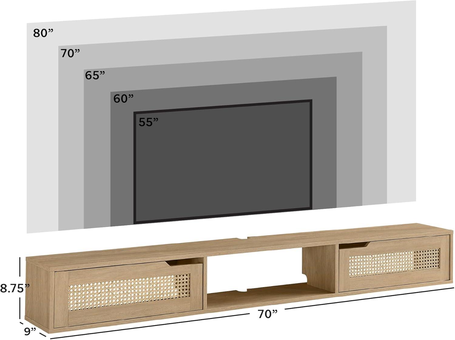 Coastal Oak 70" Floating TV Stand with Rattan Cabinet Doors