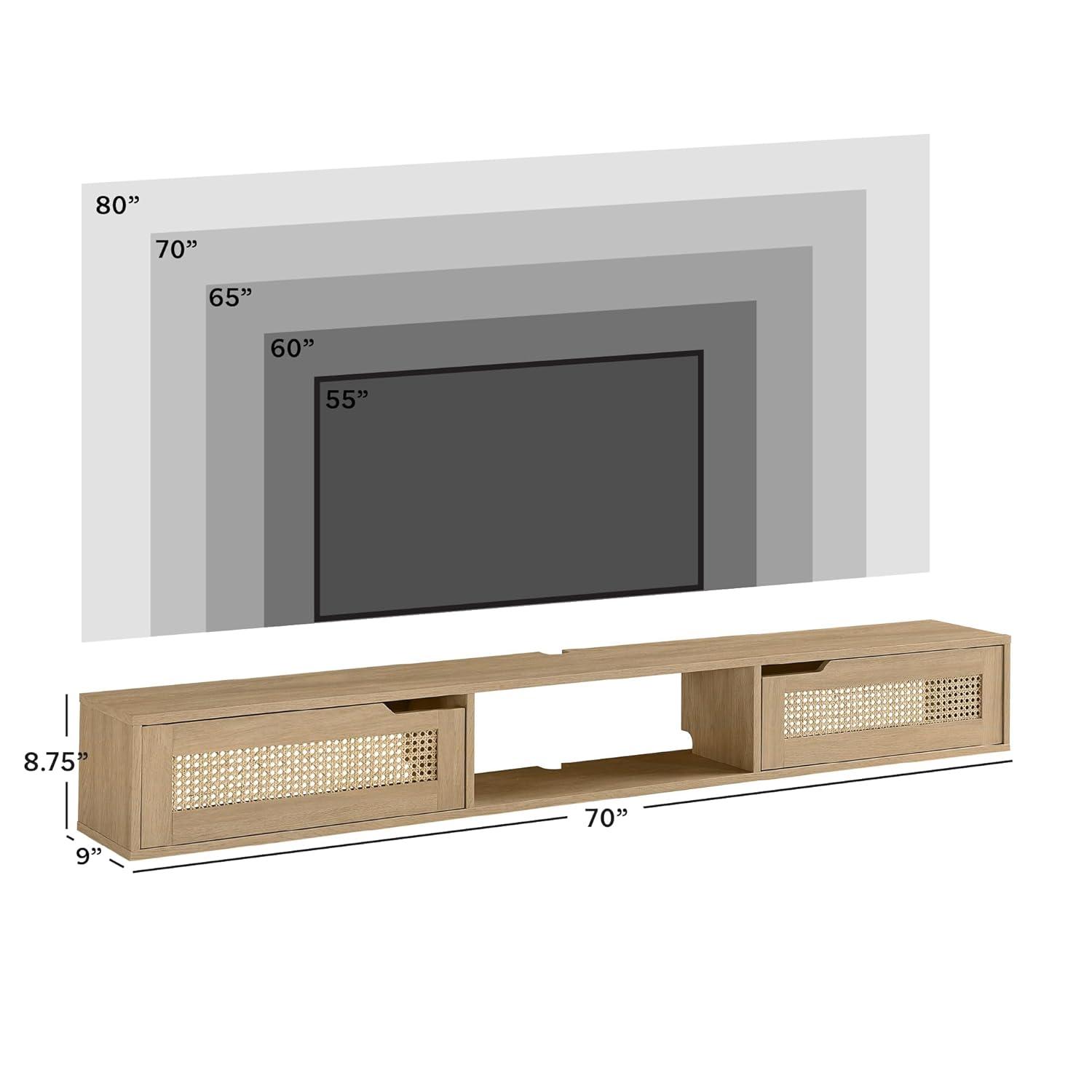 Coastal Oak 70" Floating TV Stand with Rattan Cabinet Doors