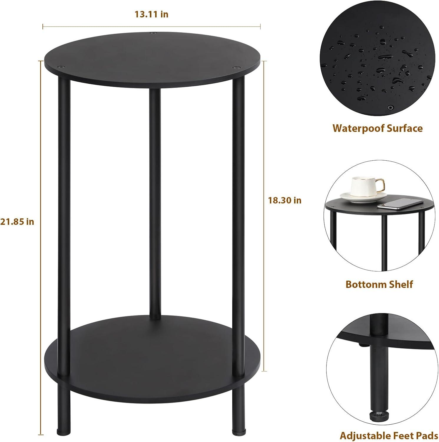 Small Round Side Table, End Tables Living Room Set of 2, Black Night Stands for Bedrooms, Small Side Table for Small Spaces，2 Tiers Modern Side Table with Storage Shelf, Easy to Assemble