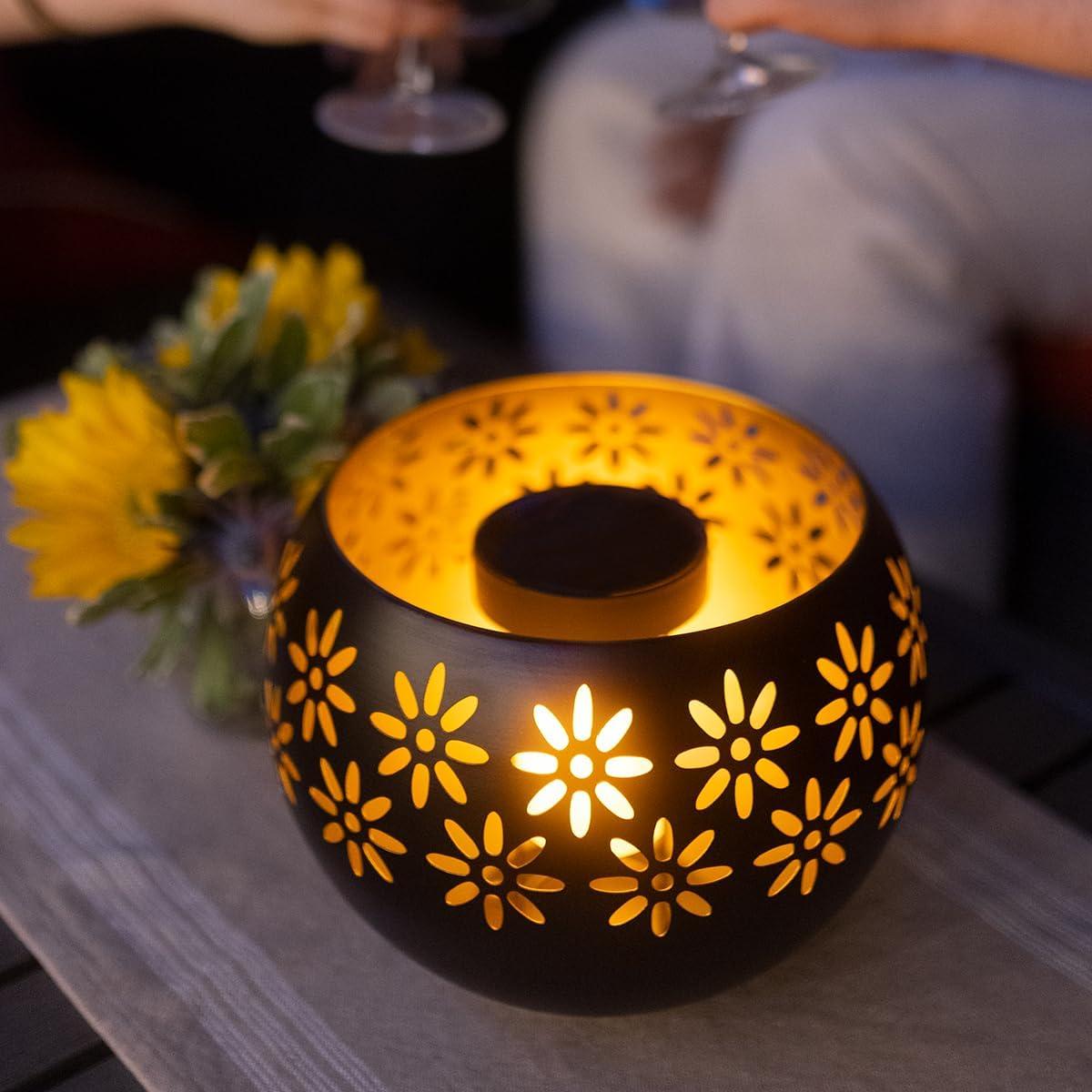 8'' Matte Black Metal Solar Garden Lantern with Flickering Flame