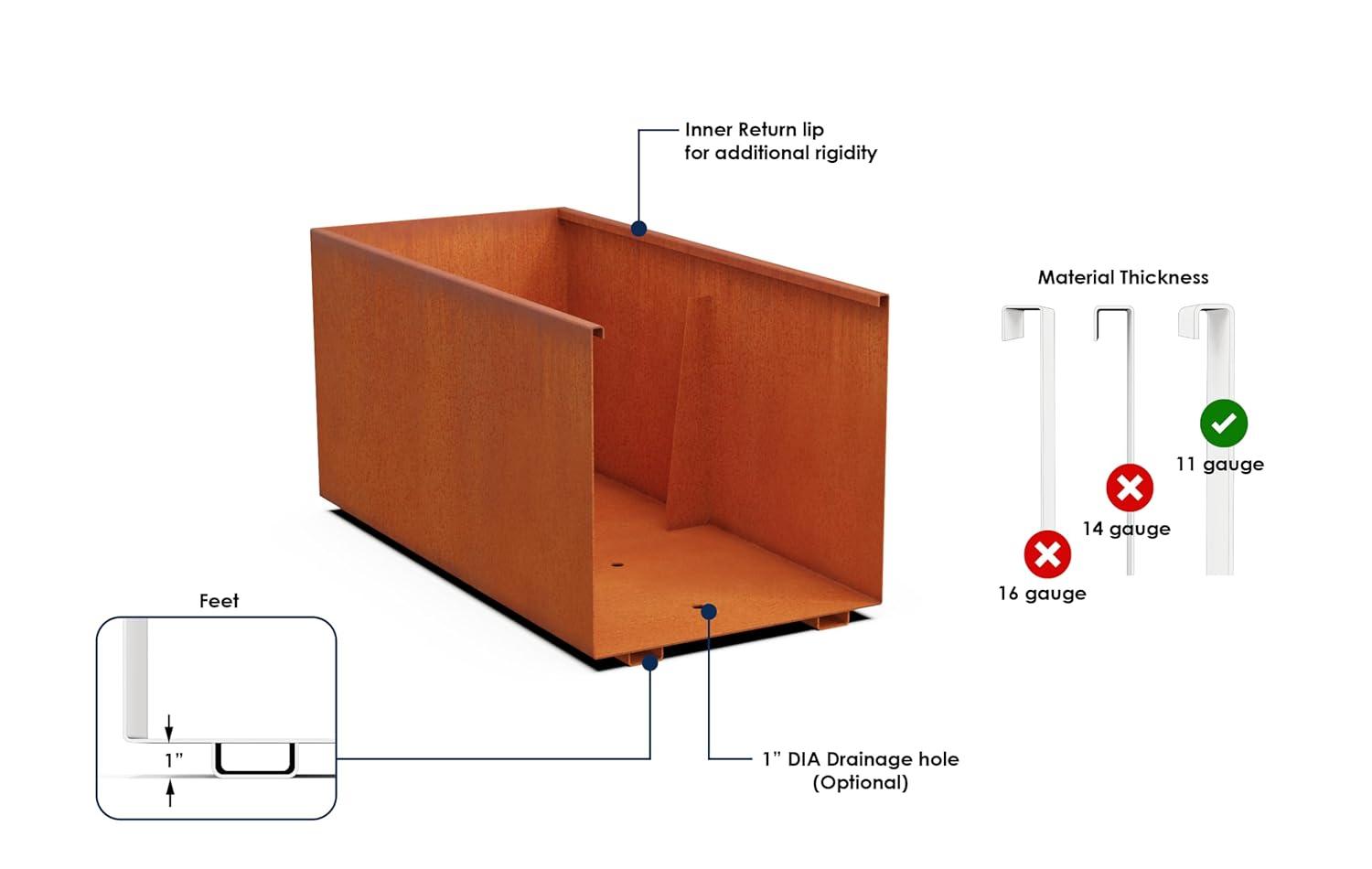 Rustic Corten Steel Rectangular Outdoor Planter Box, 60" x 20" x 24"