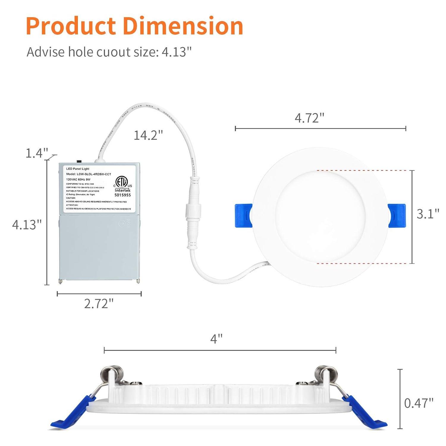 Meconard 4 Pack 4 Inch LED Recessed Ceiling Light with Junction Box, 3000K/4000K/5000K Selectable, 9W=75W 750LM, Dimmable Canless Downlights, ETL and Energy Star Listed