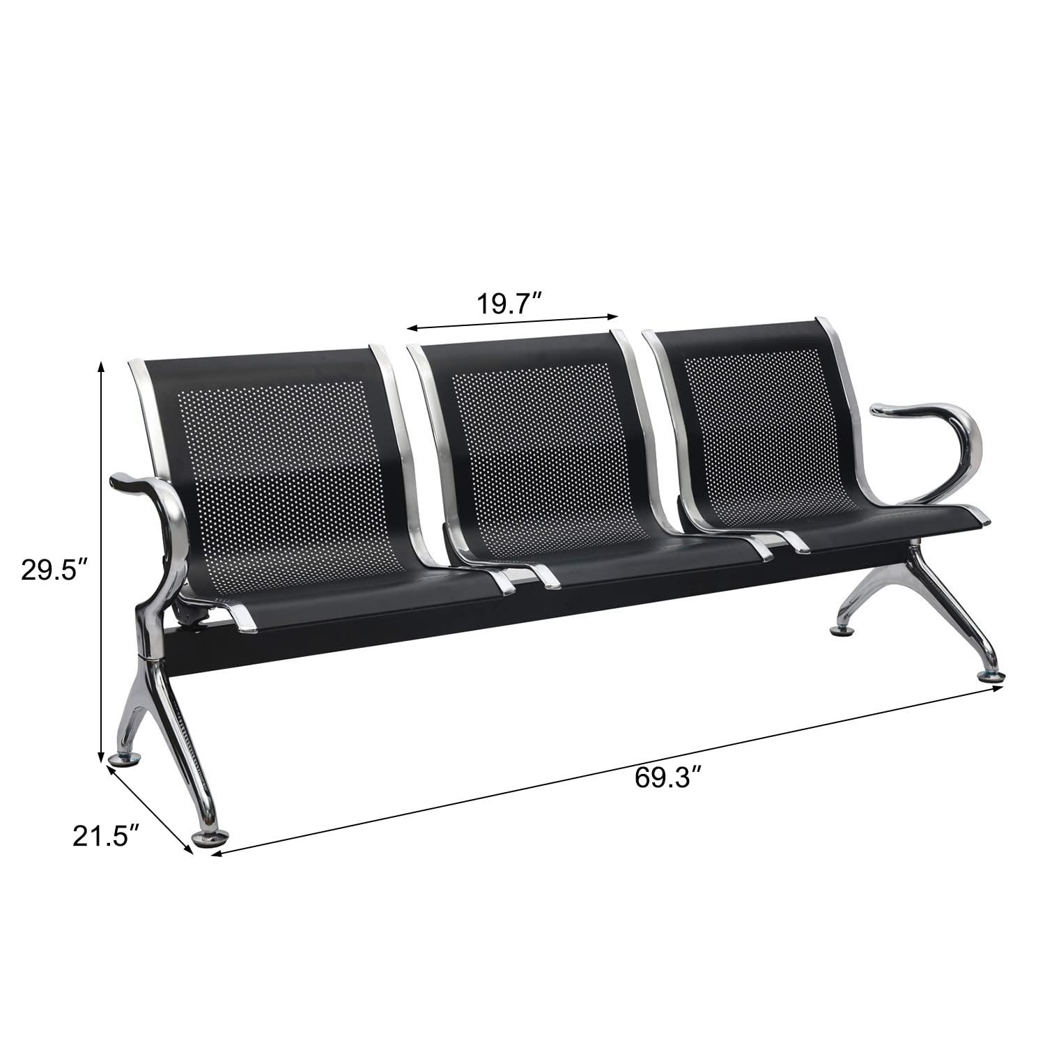 Kinbor Waiting Room Chairs, 3-Seat Reception Chairs Office Guest Waiting Furniture Bench Seating for Airport Bank Hospital, Black