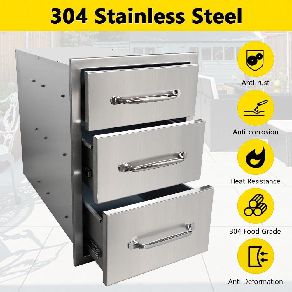 Towallmark 14 x 20.5 Inch Outdoor Kitchen Drawers, Stainless Steel Triple Access BBQ Drawers with Chrome Handle, 14 x20.5 x 23 Inch