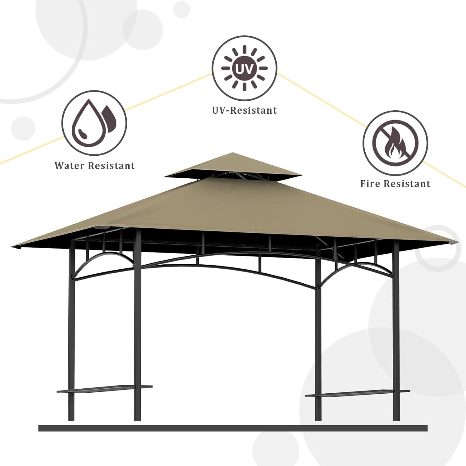 Grill Gazebo Replacement Top, 5 * 8 Outdoor BBQ Top Cover, Double Layer BBQ Gazebo Top Canopy for Model #L-GG001PST-F (Khaki)