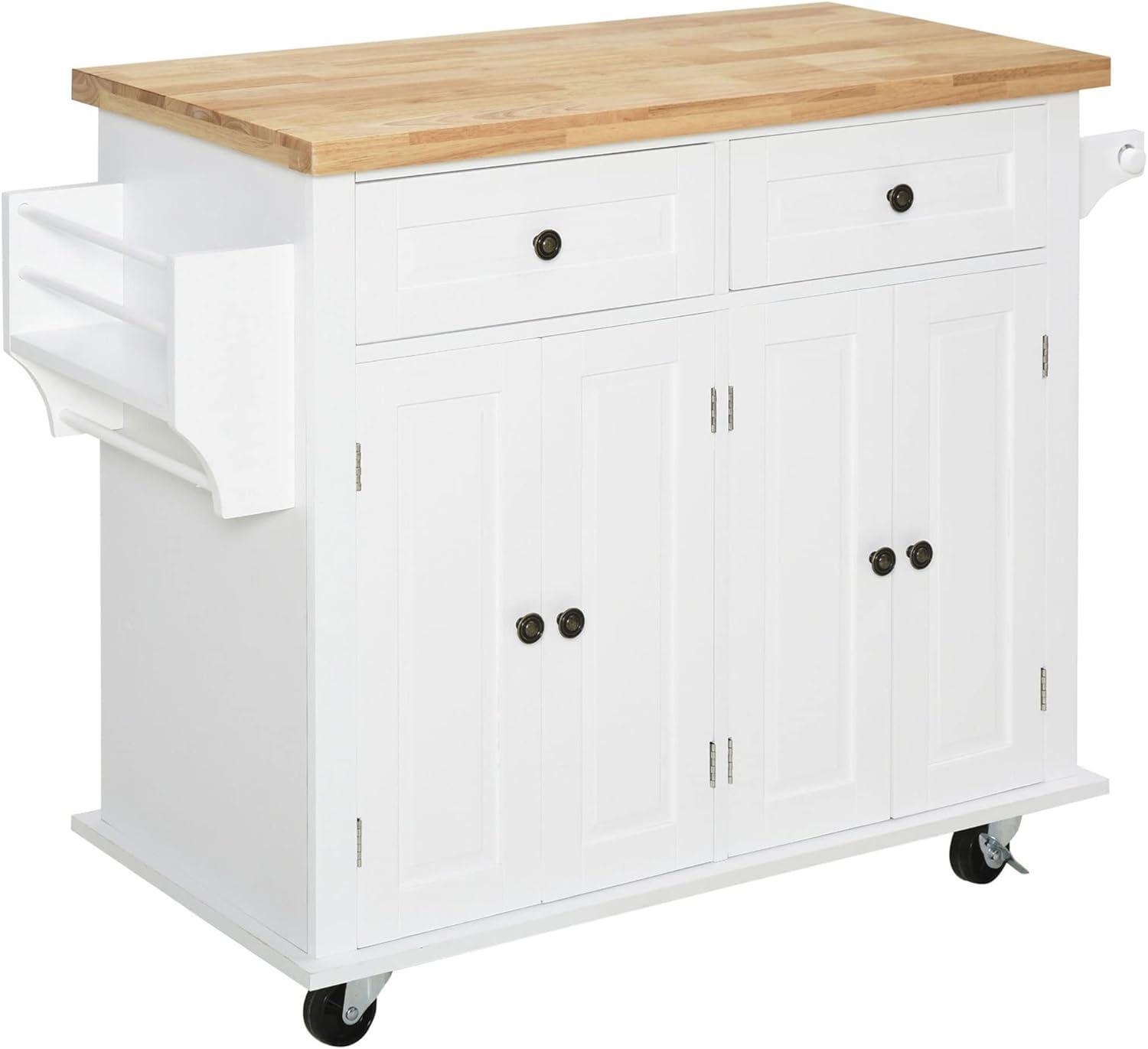 White Wood Kitchen Cart with Butcher Block Top and Storage