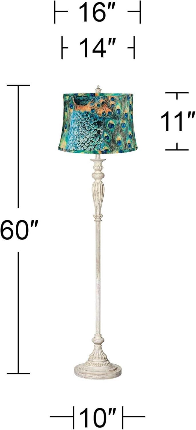 360 Lighting Shabby Chic Floor Lamp 60" Tall Antique White Washed Peacock Print Drum Shade for Living Room Reading Bedroom Office